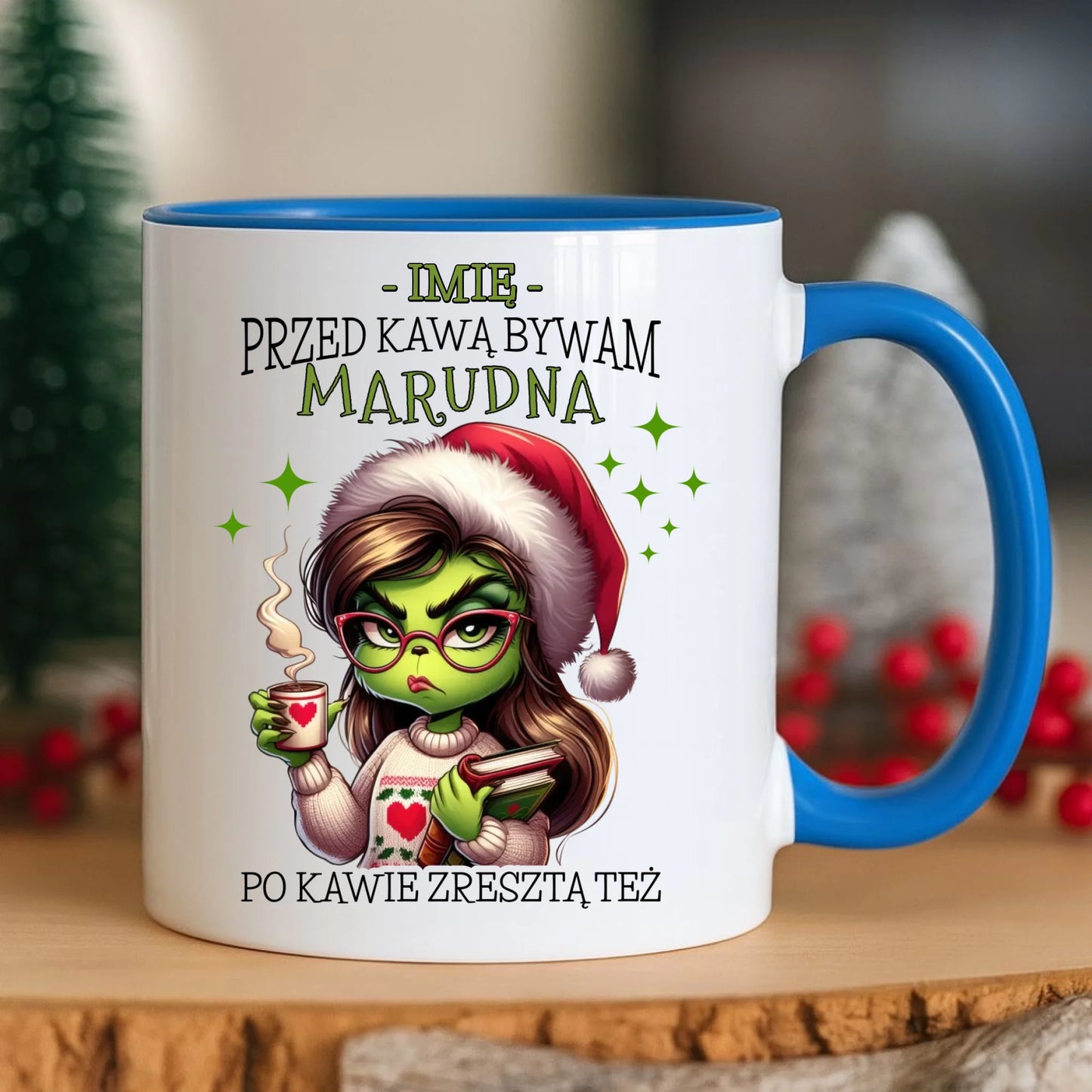 Kubek świąteczny - Grinch - Przed kawą bywam marudna - personalizowany BN116 - StoryCups.pl