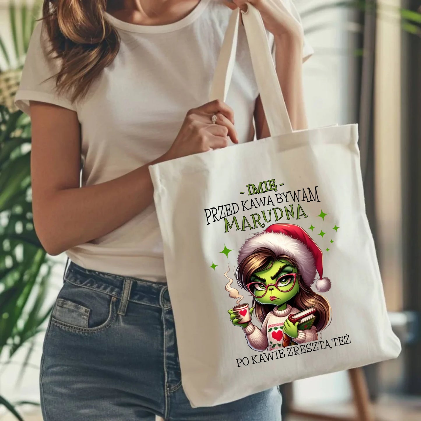 Torba świąteczna - Grinch - Przed kawą bywam marudna - personalizowana BN116 - StoryCups.pl
