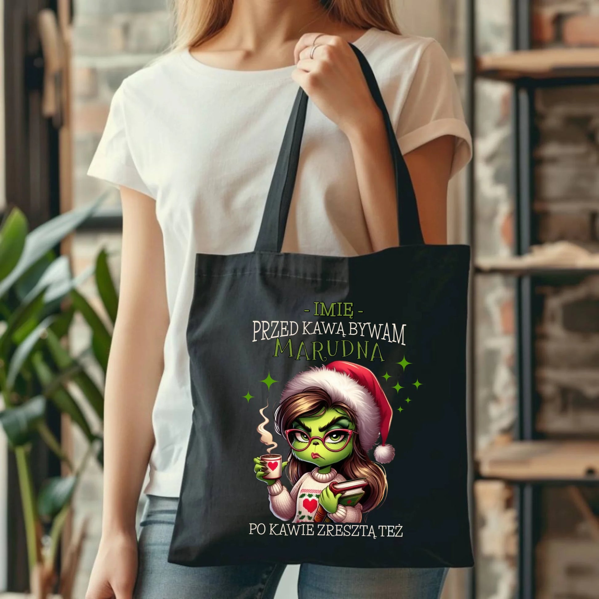 Torba świąteczna - Grinch - Przed kawą bywam marudna - personalizowana BN116 - StoryCups.pl