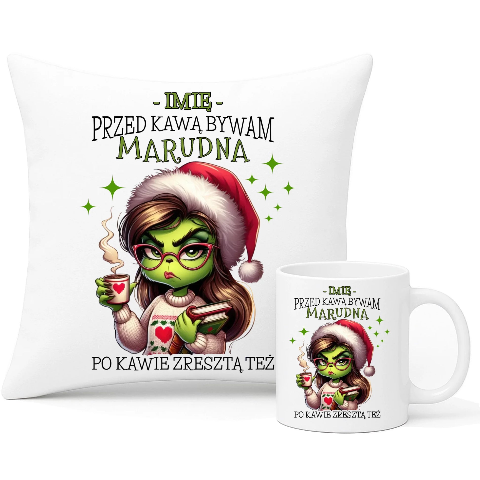 Zestaw poduszka i kubek świąteczny - Grinch - Przed kawą bywam marudna - personalizowany BN116 - StoryCups.pl