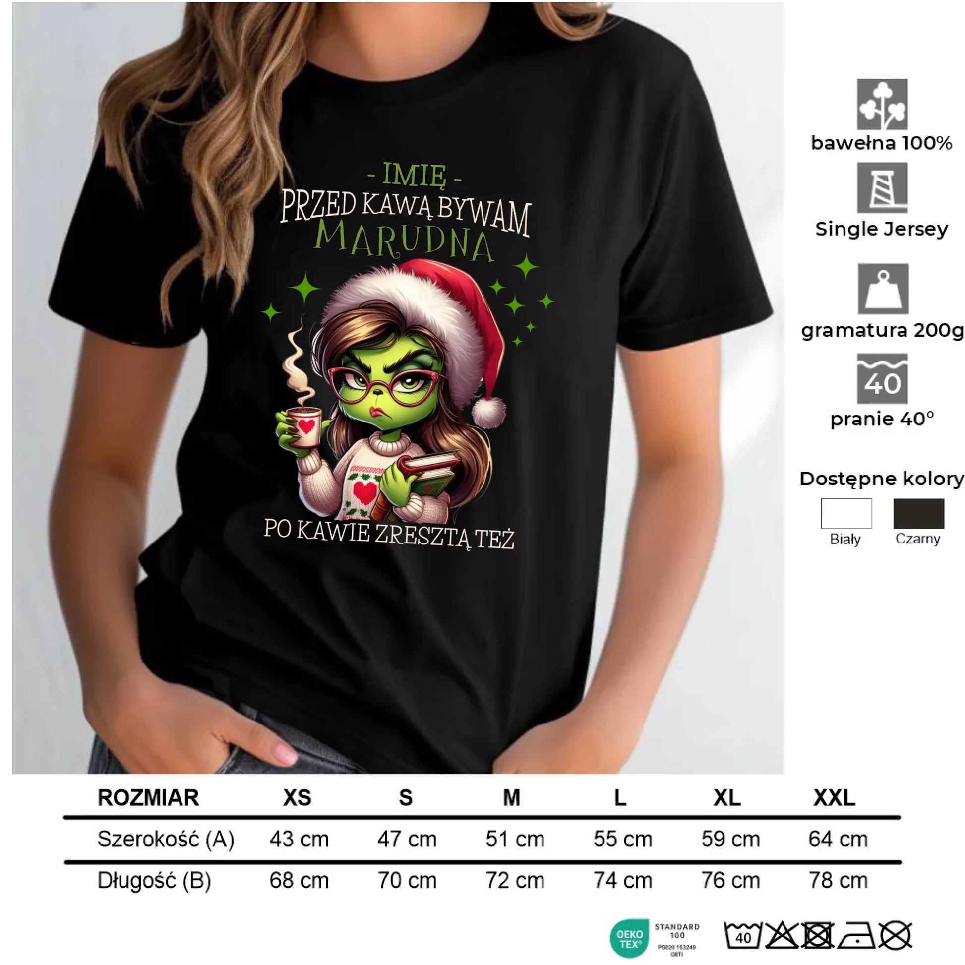 Koszulka damska świąteczna - Grinch - Przed kawą bywam marudna - personalizowana BN116 - StoryCups.pl
