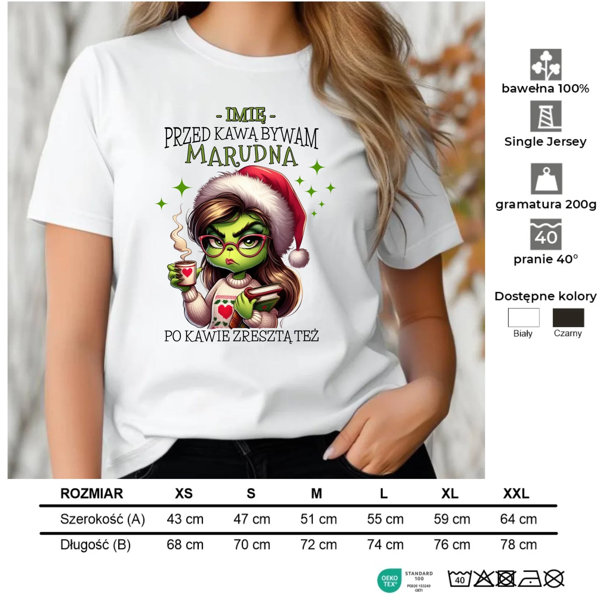 Koszulka damska świąteczna - Grinch - Przed kawą bywam marudna - personalizowana BN116 - StoryCups.pl