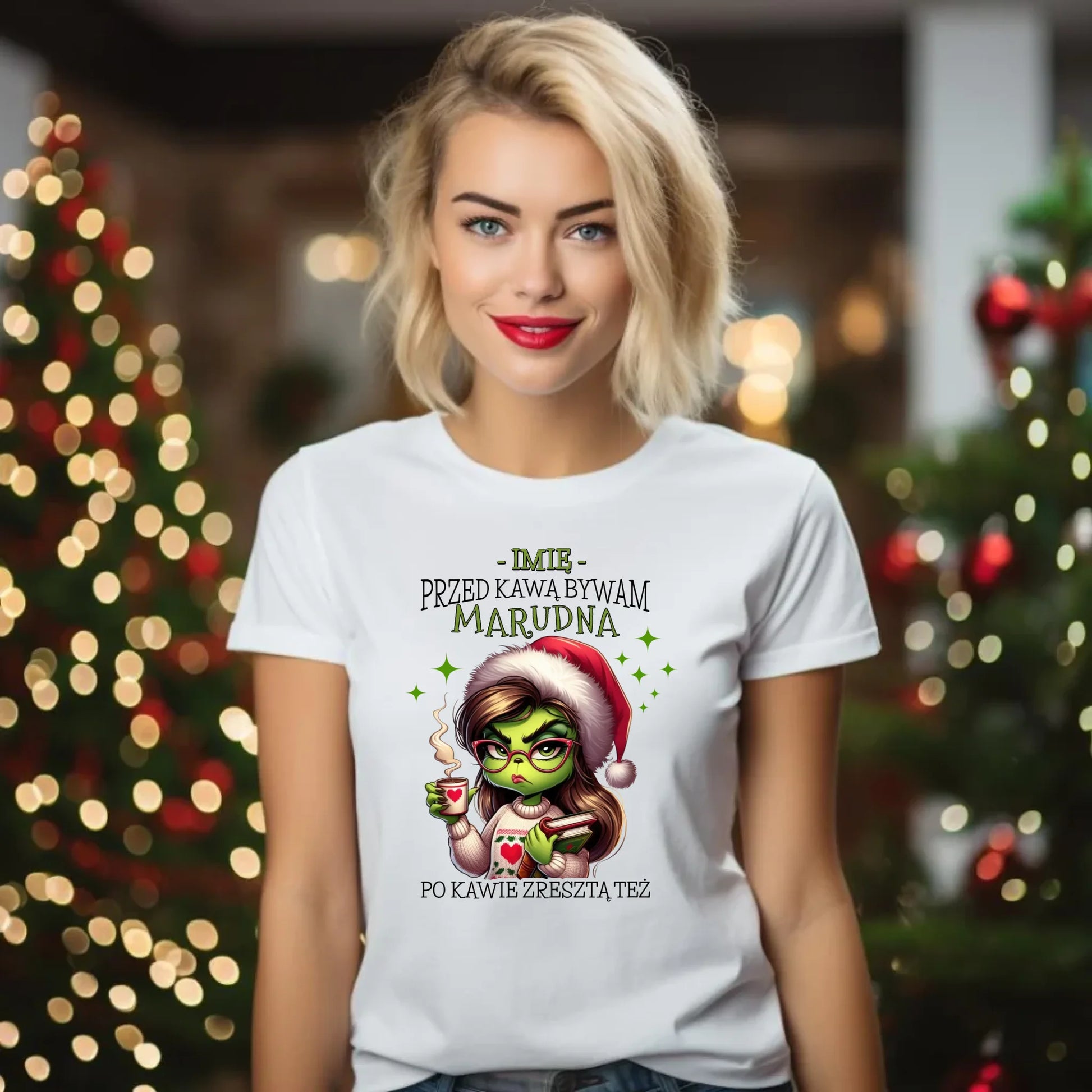 Koszulka damska świąteczna - Grinch - Przed kawą bywam marudna - personalizowana BN116 - StoryCups.pl
