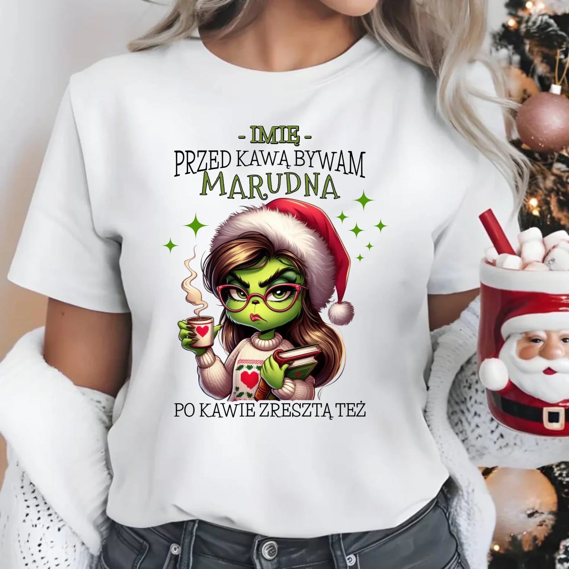 Koszulka damska świąteczna - Grinch - Przed kawą bywam marudna - personalizowana BN116 - StoryCups.pl
