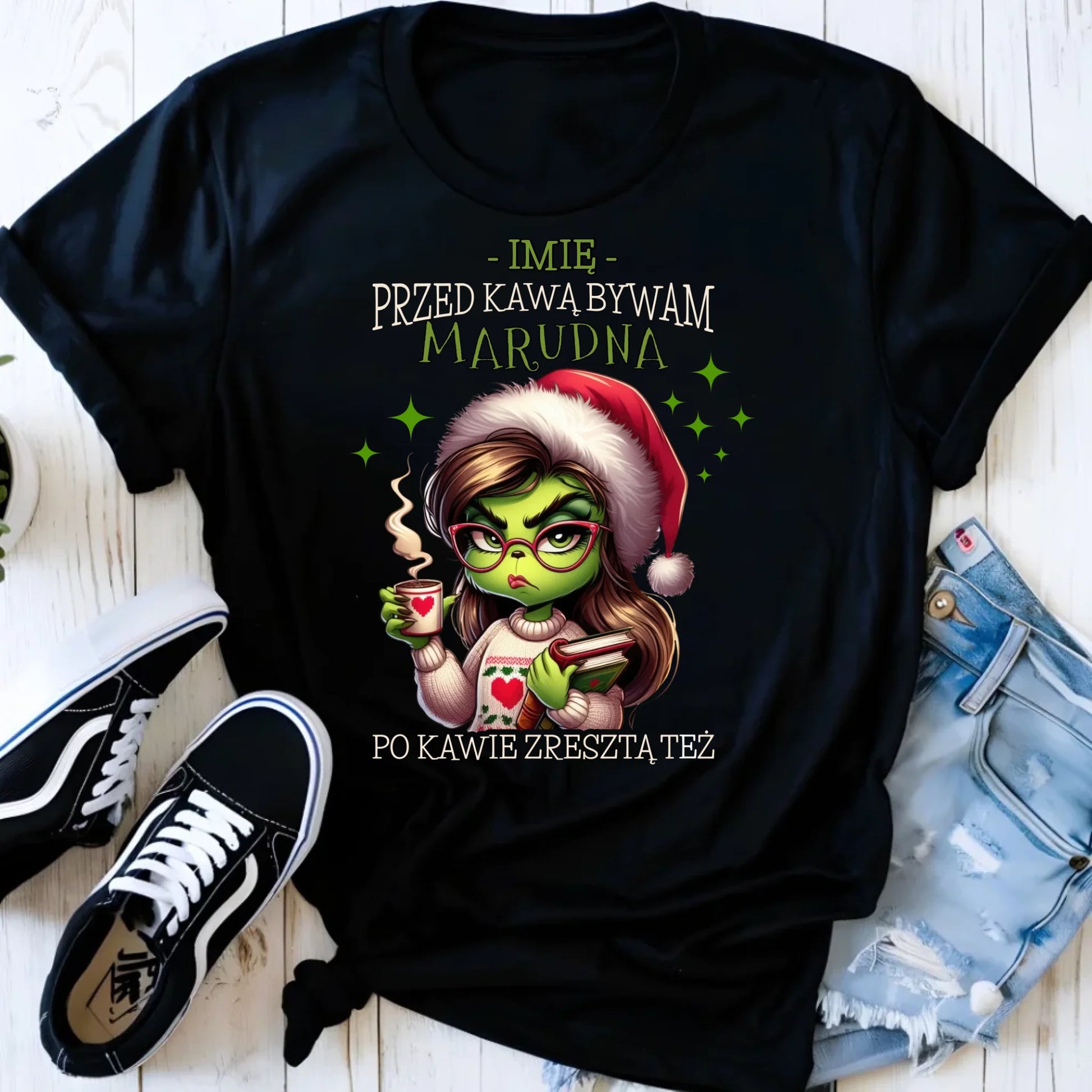 Koszulka damska świąteczna - Grinch - Przed kawą bywam marudna - personalizowana BN116 - StoryCups.pl