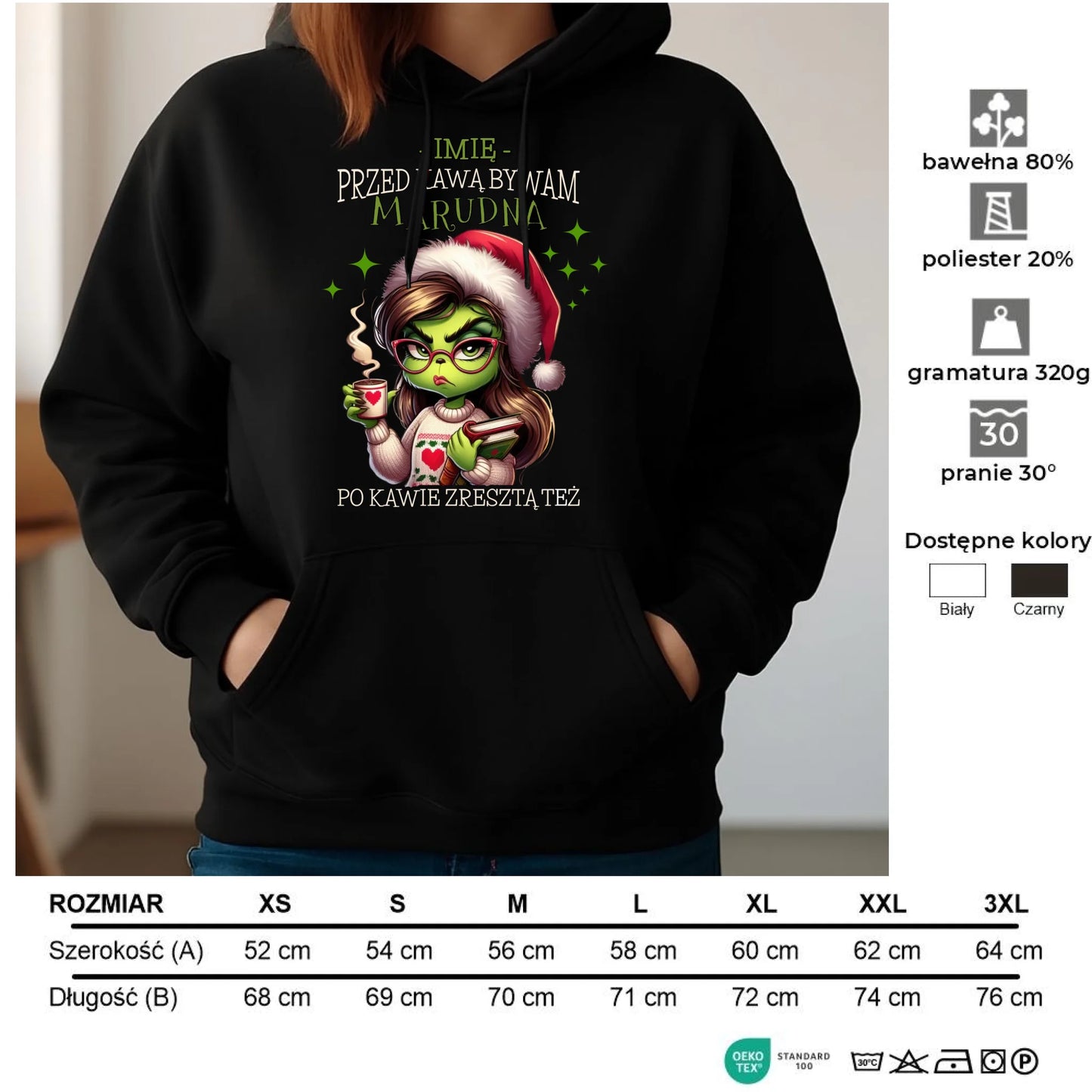 Bluza damska z kapturem świąteczna - Grinch - Przed kawą bywam marudna - personalizowana BN116 - StoryCups.pl