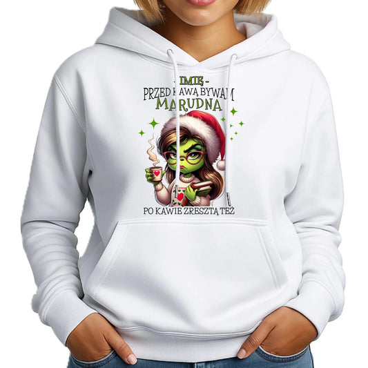 Bluza damska z kapturem świąteczna - Grinch - Przed kawą bywam marudna - personalizowana BN116 - StoryCups.pl