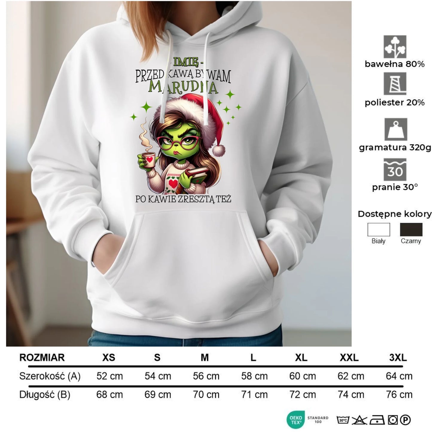Bluza damska z kapturem świąteczna - Grinch - Przed kawą bywam marudna - personalizowana BN116 - StoryCups.pl