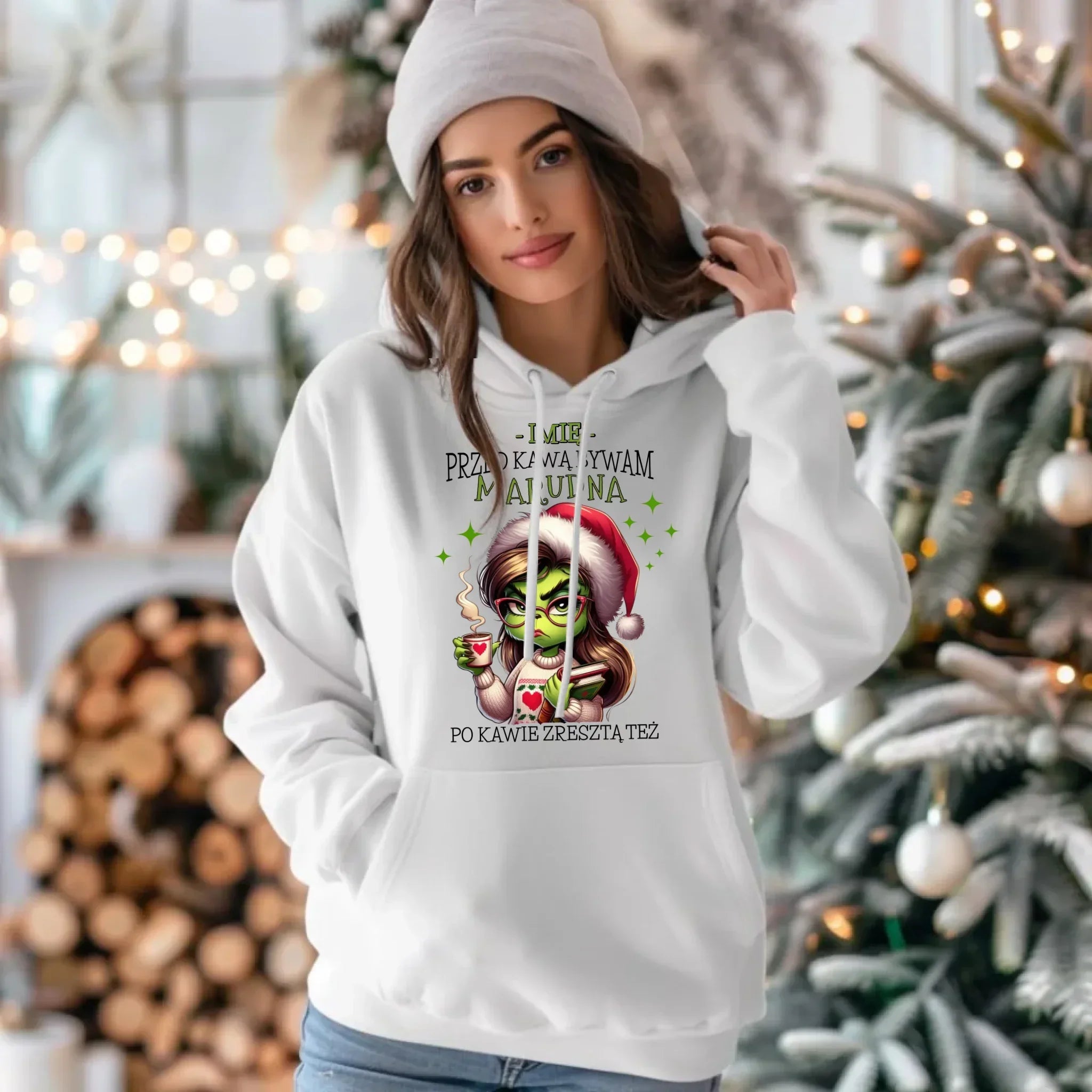 Bluza damska z kapturem świąteczna - Grinch - Przed kawą bywam marudna - personalizowana BN116 - StoryCups.pl