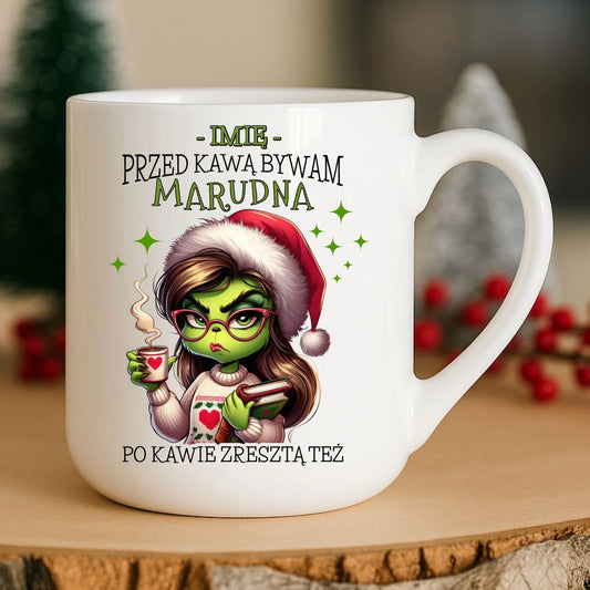 Kubek elegant świąteczny - Grinch - Przed kawą bywam marudna - personalizowany BN116 - StoryCups.pl