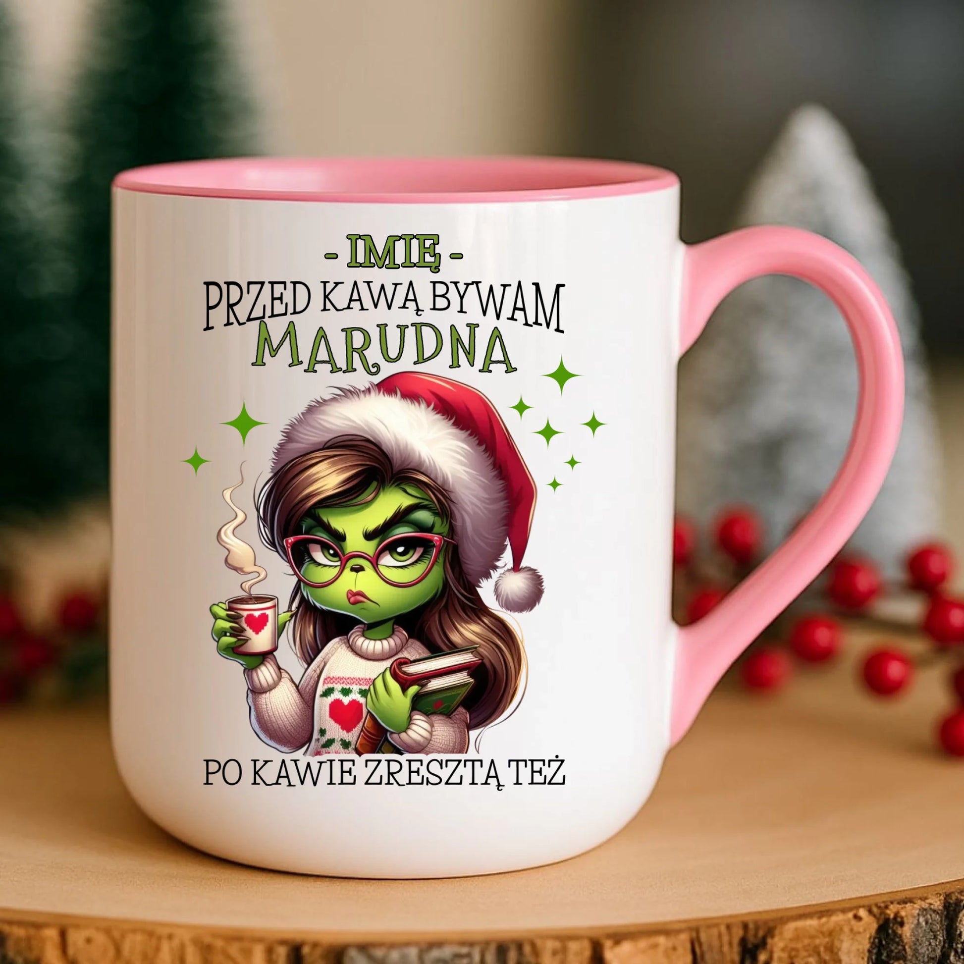 Kubek elegant świąteczny - Grinch - Przed kawą bywam marudna - personalizowany BN116 - StoryCups.pl