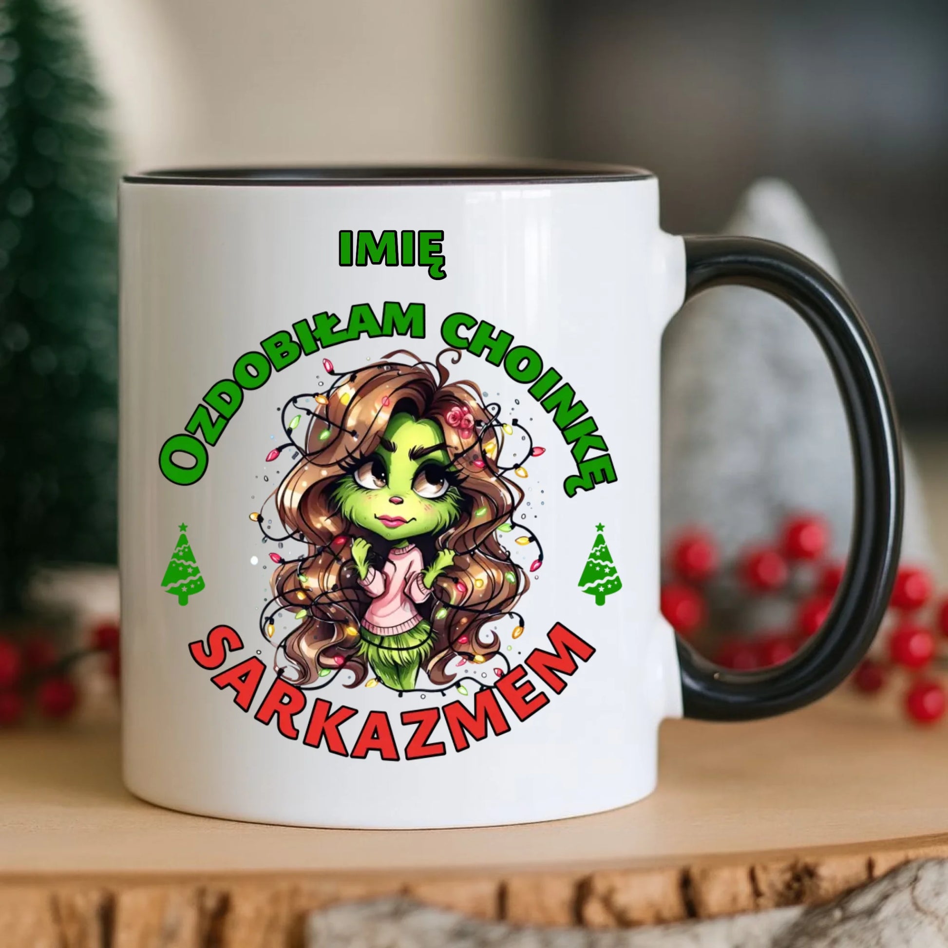 Kubek świąteczny - Grinch - Ozdobiłam choinkę sarkazmem - personalizowany BN115 - StoryCups.pl
