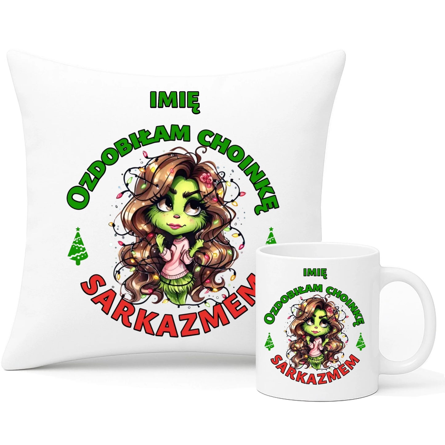 Zestaw poduszka i kubek świąteczny - Grinch - Ozdobiłam choinkę sarkazmem - personalizowany BN115 - StoryCups.pl