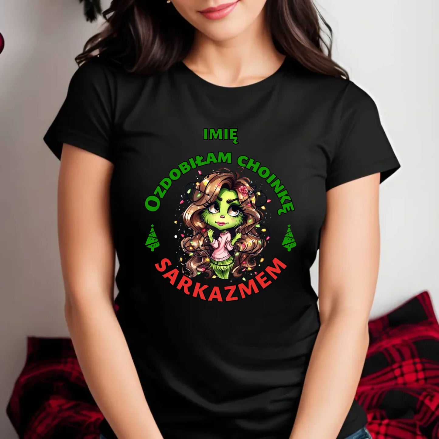 Koszulka damska świąteczna - Grinch - Ozdobiłam choinkę sarkazmem - personalizowana BN115 - StoryCups.pl