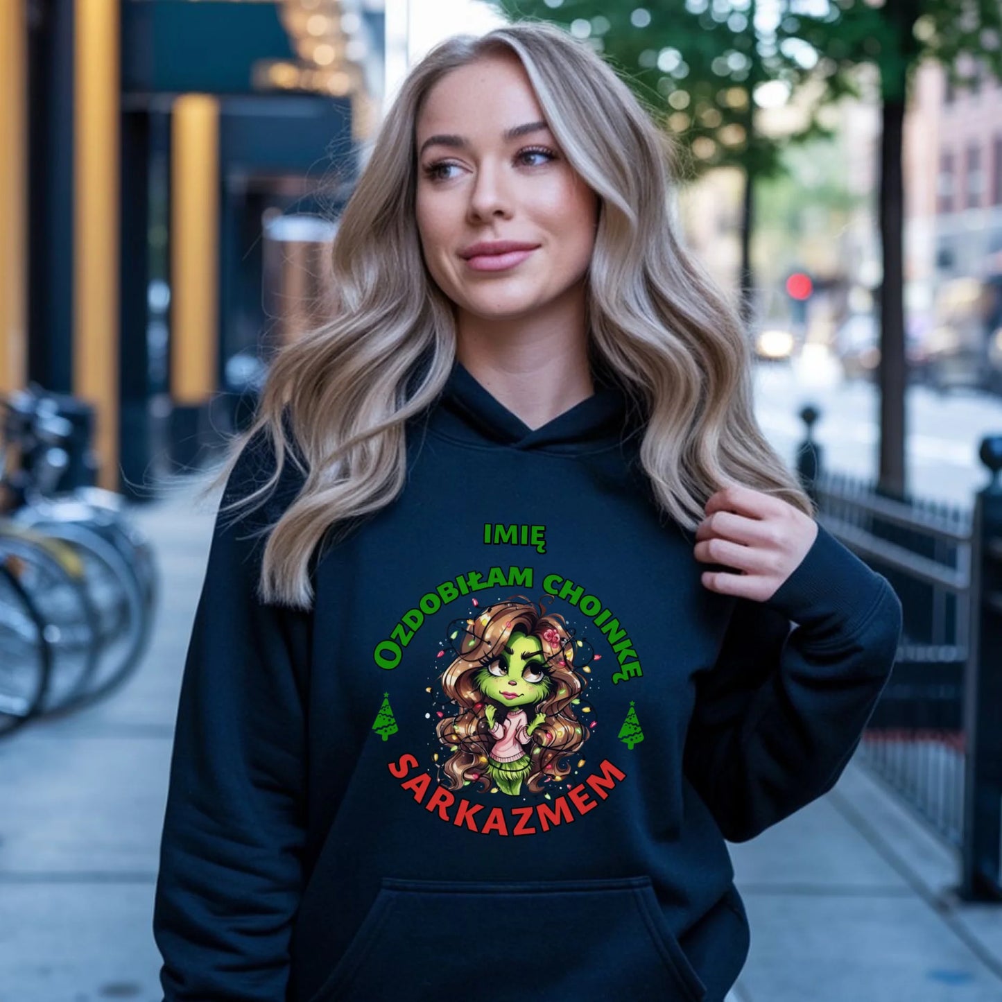Bluza damska z kapturem świąteczna - Grinch - Ozdobiłam choinkę sarkazmem - personalizowana BN115 - StoryCups.pl