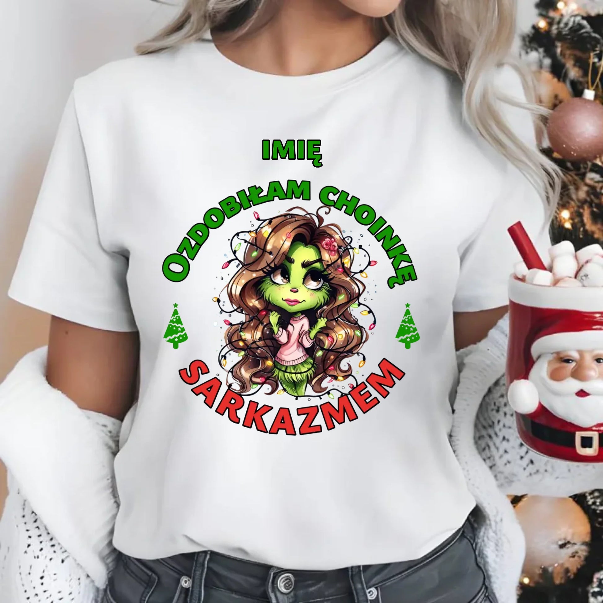 Koszulka damska świąteczna - Grinch - Ozdobiłam choinkę sarkazmem - personalizowana BN115 - StoryCups.pl