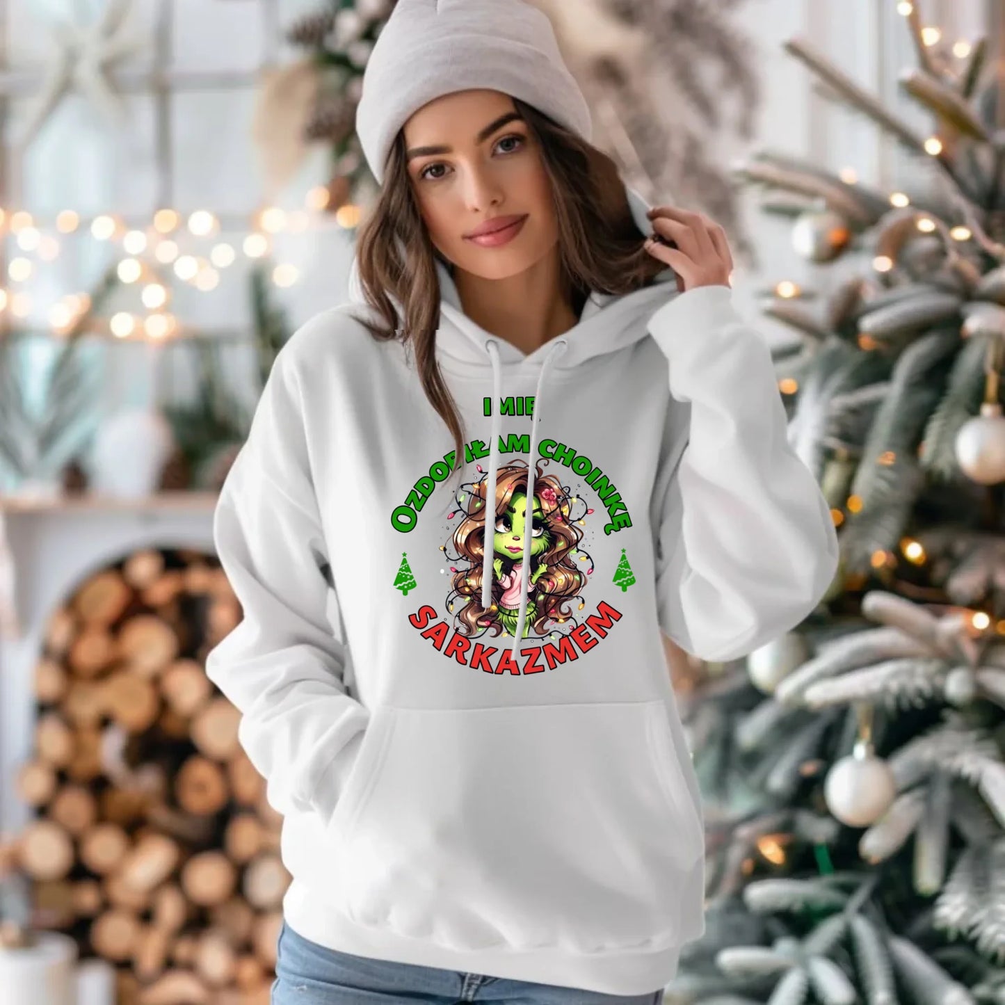 Bluza damska z kapturem świąteczna - Grinch - Ozdobiłam choinkę sarkazmem - personalizowana BN115 - StoryCups.pl