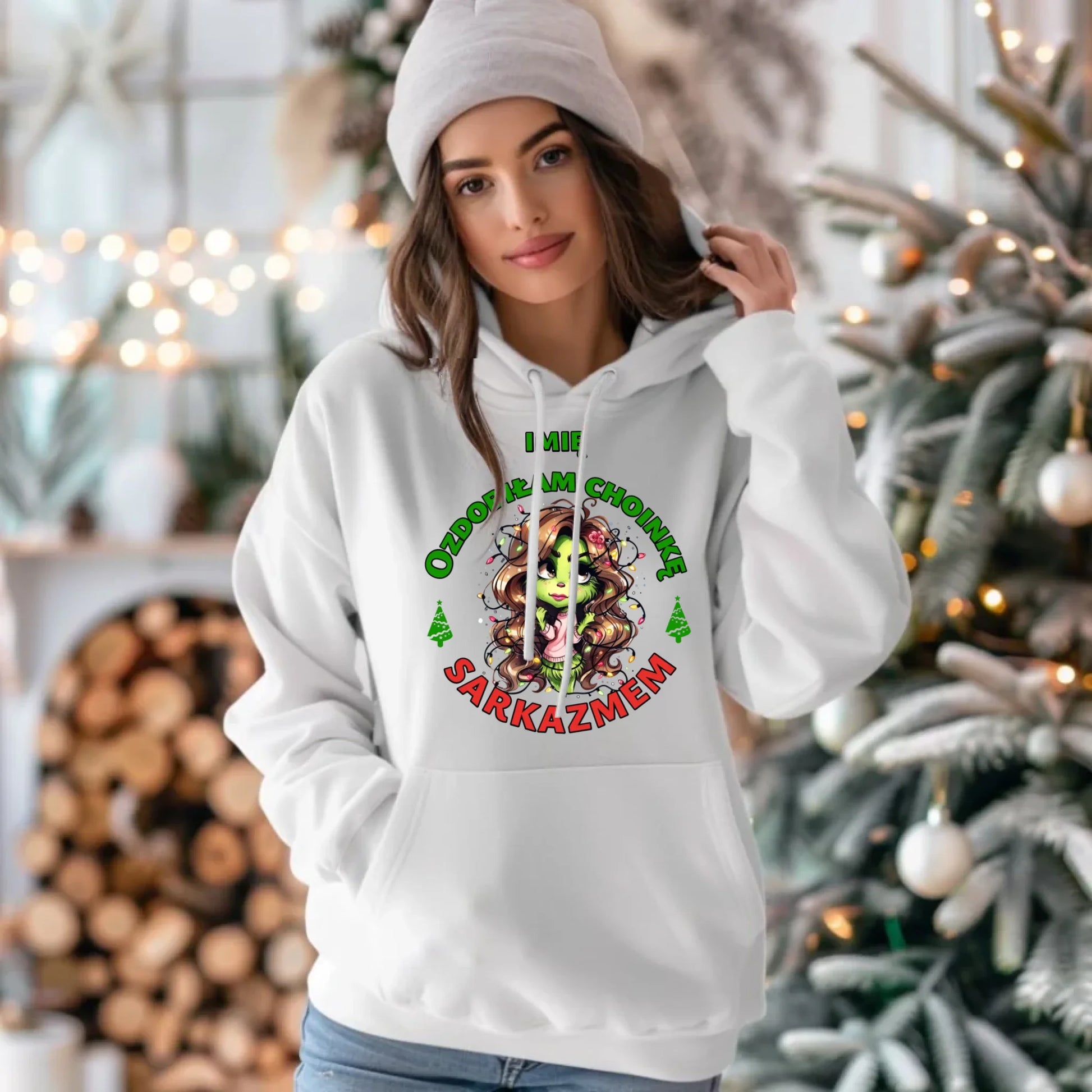 Bluza damska z kapturem świąteczna - Grinch - Ozdobiłam choinkę sarkazmem - personalizowana BN115 - StoryCups.pl