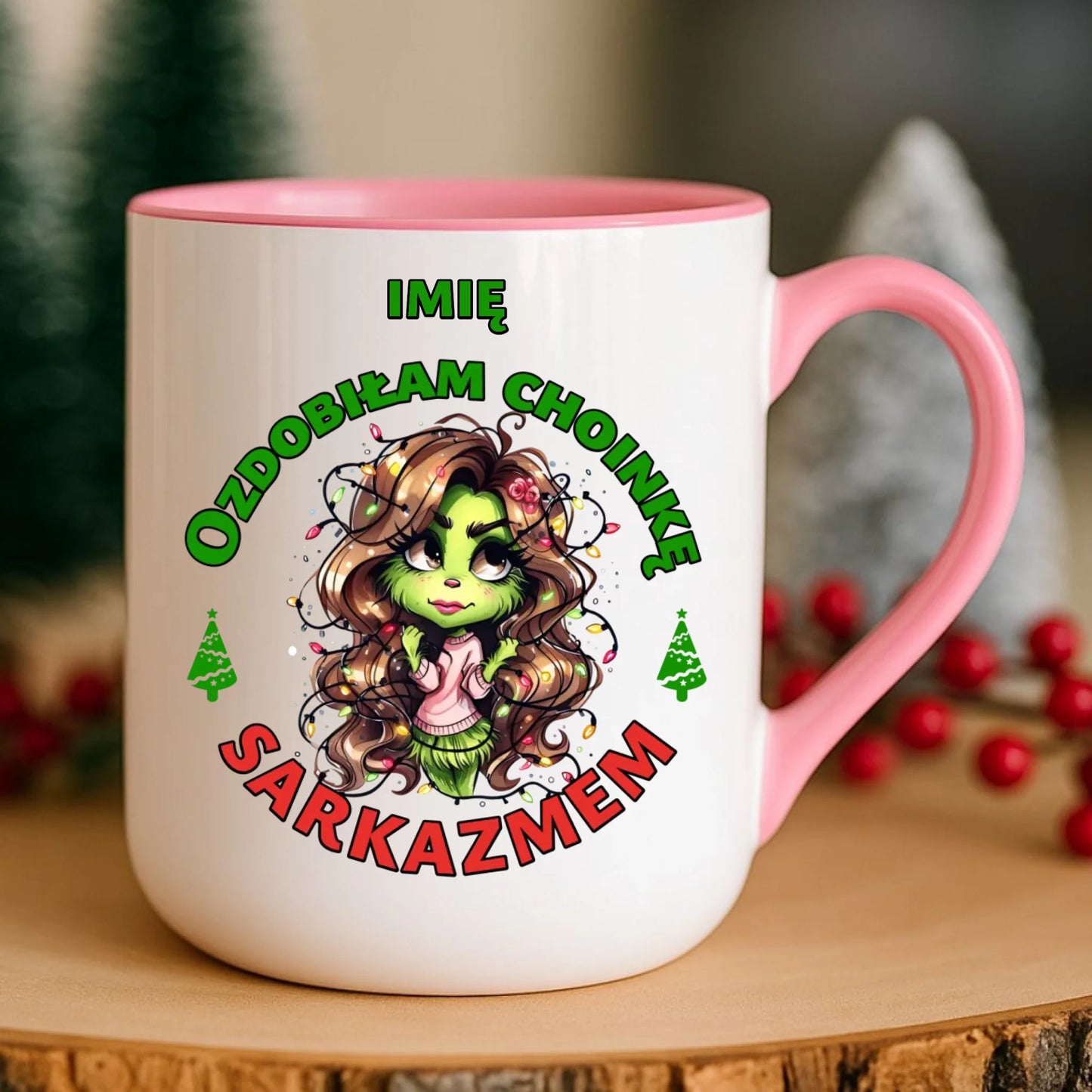 Kubek elegant świąteczny - Grinch - Ozdobiłam choinkę sarkazmem - personalizowany BN115 - StoryCups.pl
