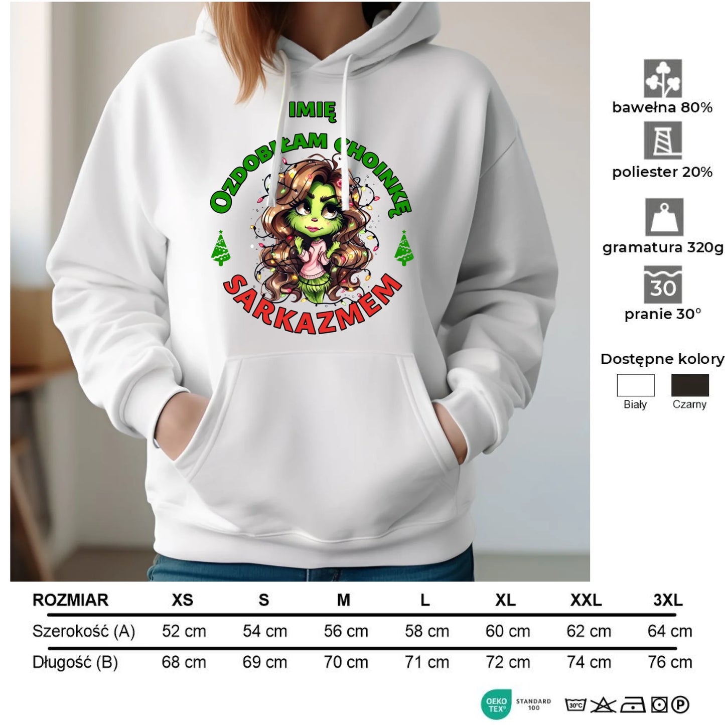 Bluza damska z kapturem świąteczna - Grinch - Ozdobiłam choinkę sarkazmem - personalizowana BN115 - StoryCups.pl