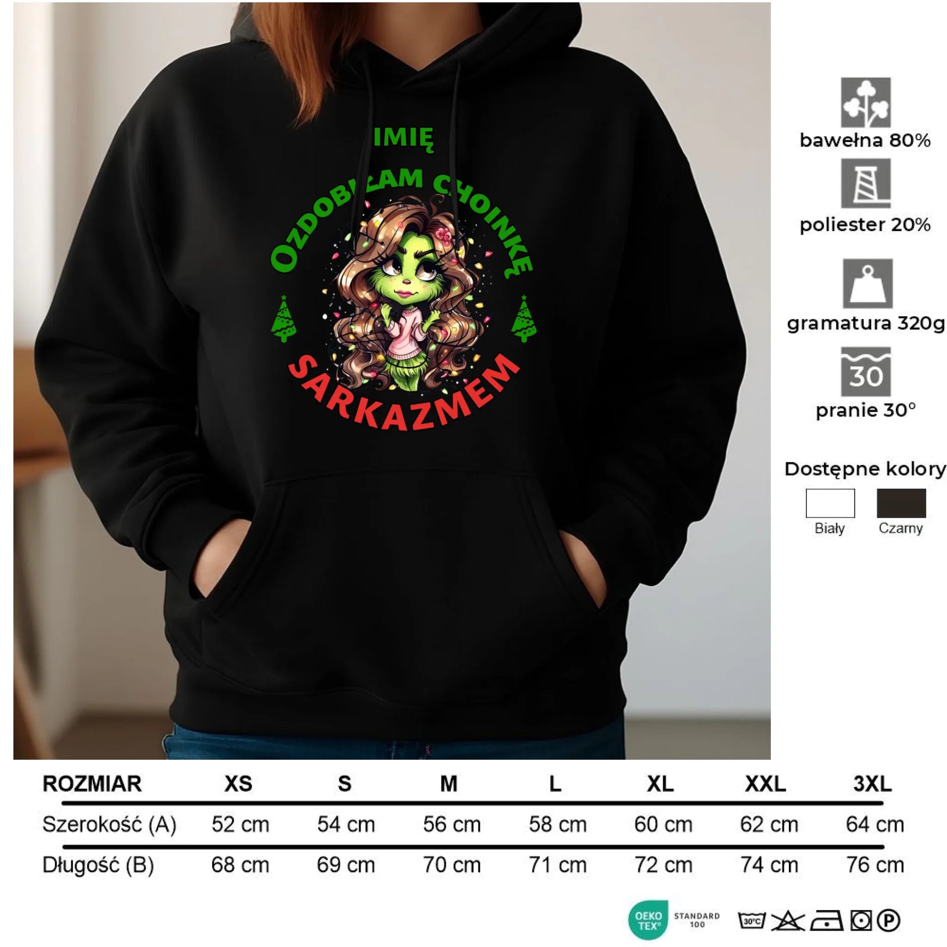 Bluza damska z kapturem świąteczna - Grinch - Ozdobiłam choinkę sarkazmem - personalizowana BN115 - StoryCups.pl