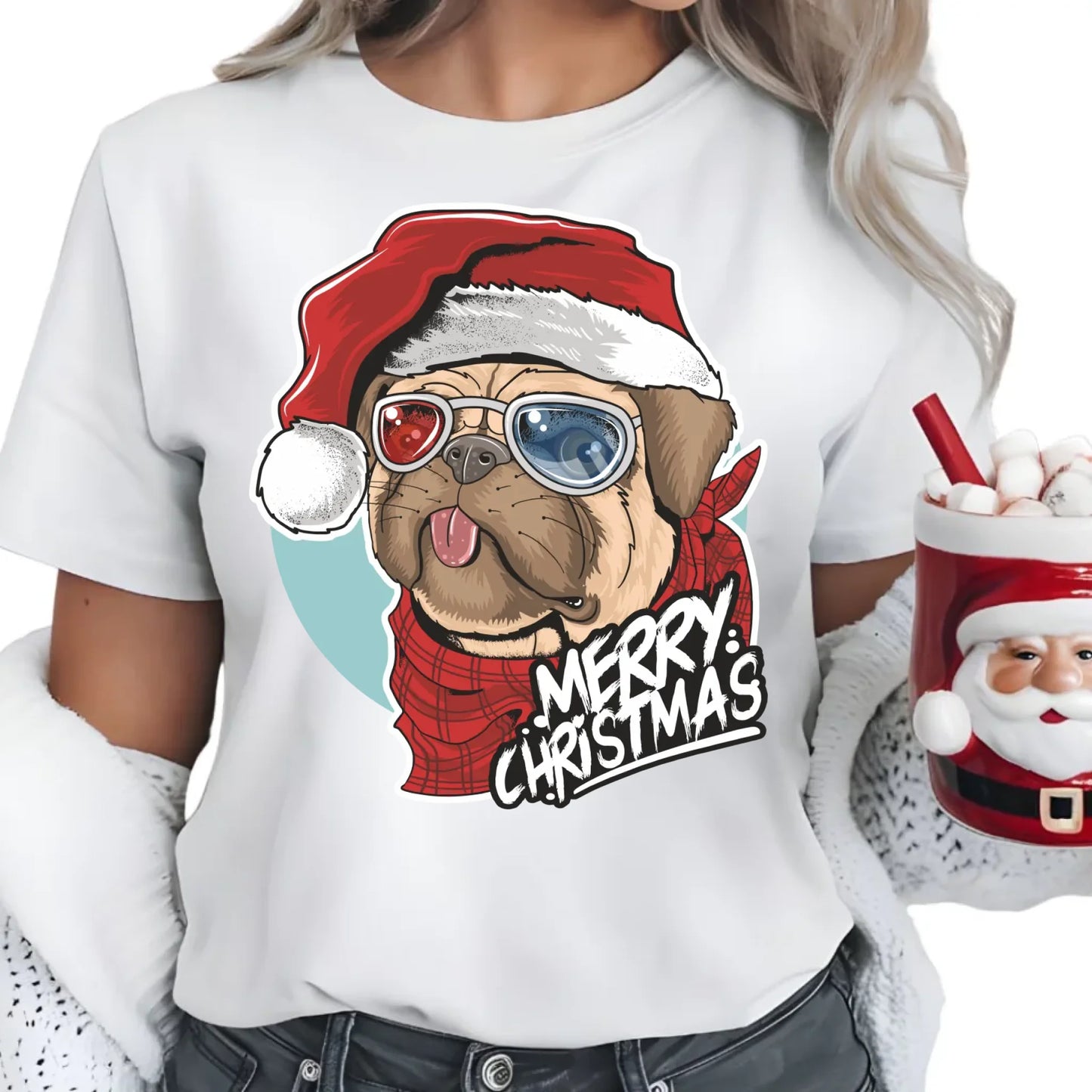 Merry Christmas | Świąteczna koszulka damska z mopsem BN62 - StoryCups.pl