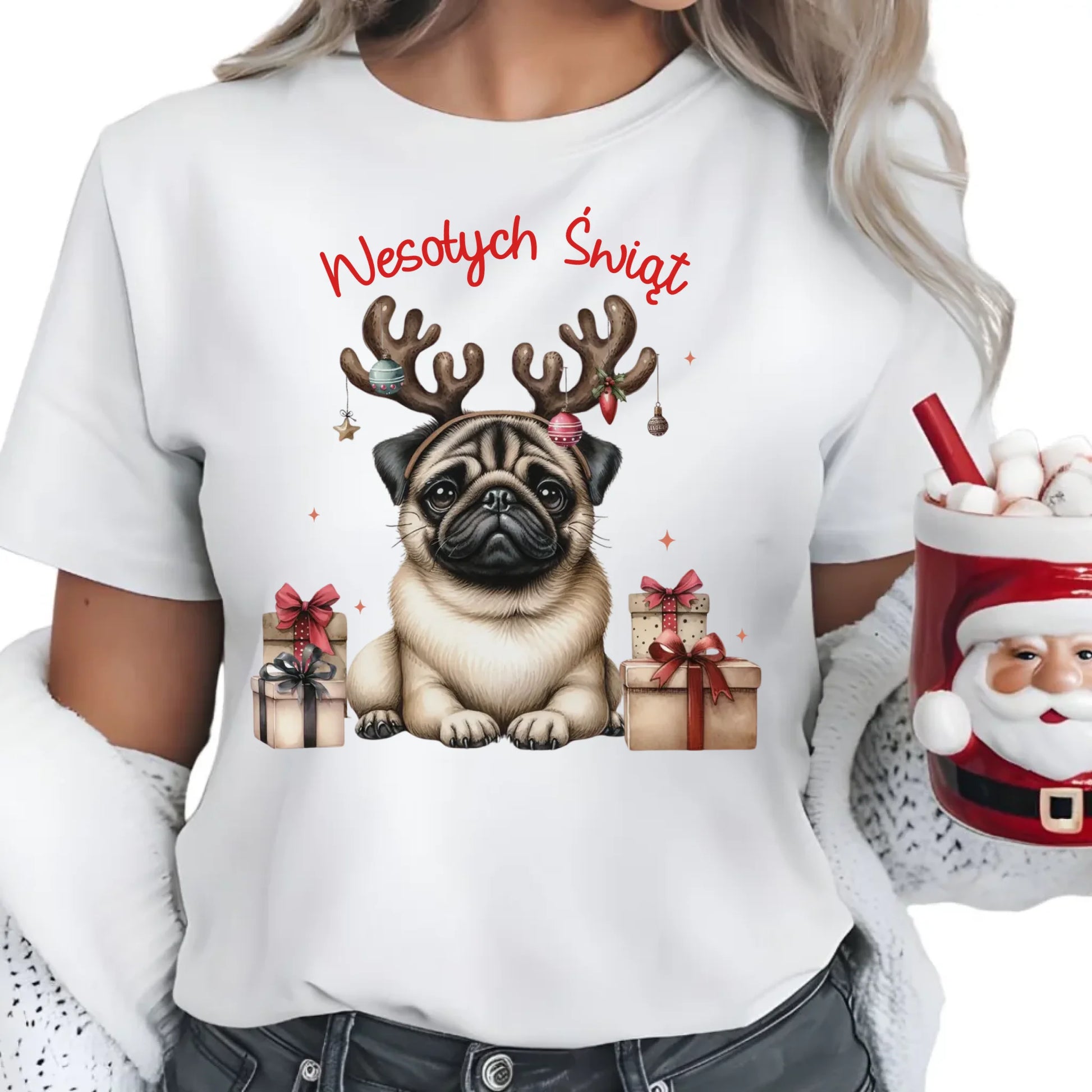 Mops Wesołych Świąt | Świąteczna koszulka damska BN91 - StoryCups.pl