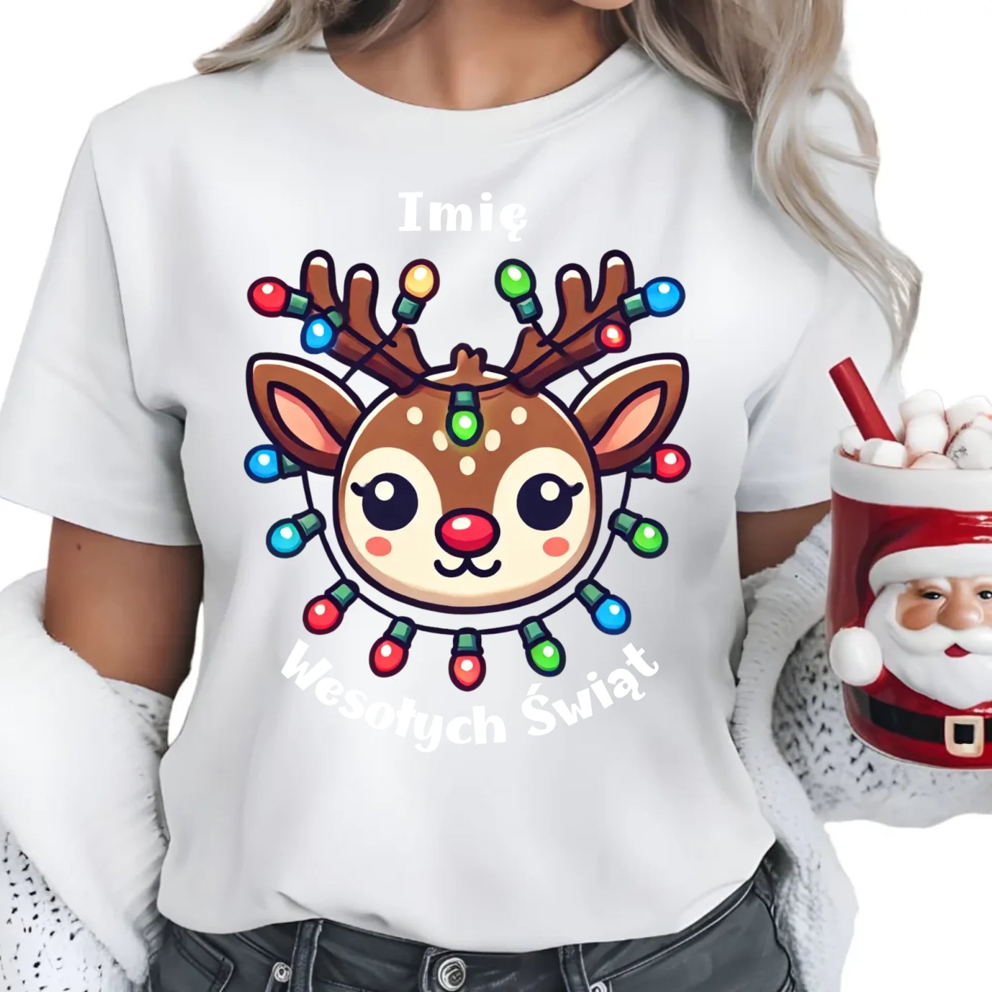 Renifer Wesołych Świąt | Personalizowana koszulka damska świąteczna BN72 - StoryCups.pl