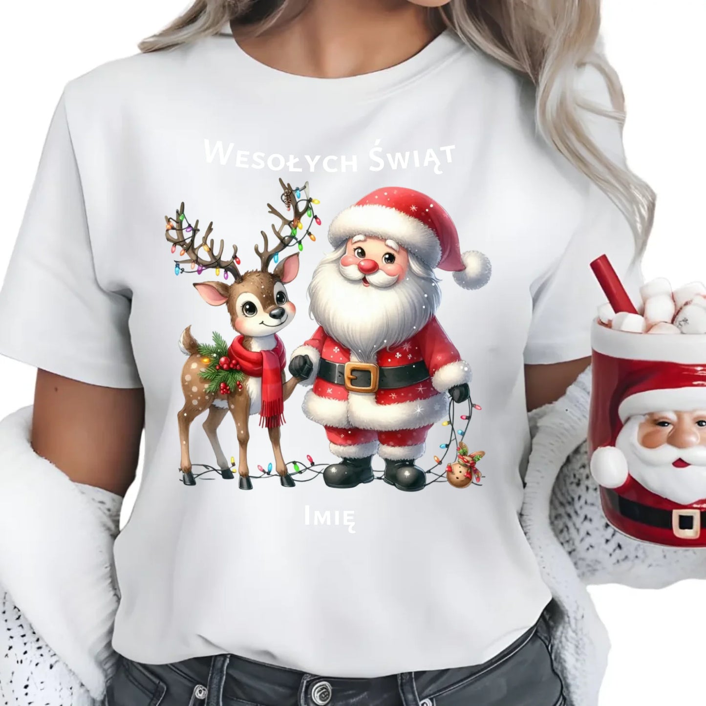 Mikołaj i renifer | Personalizowana świąteczna koszulka damska BN09 - StoryCups.pl