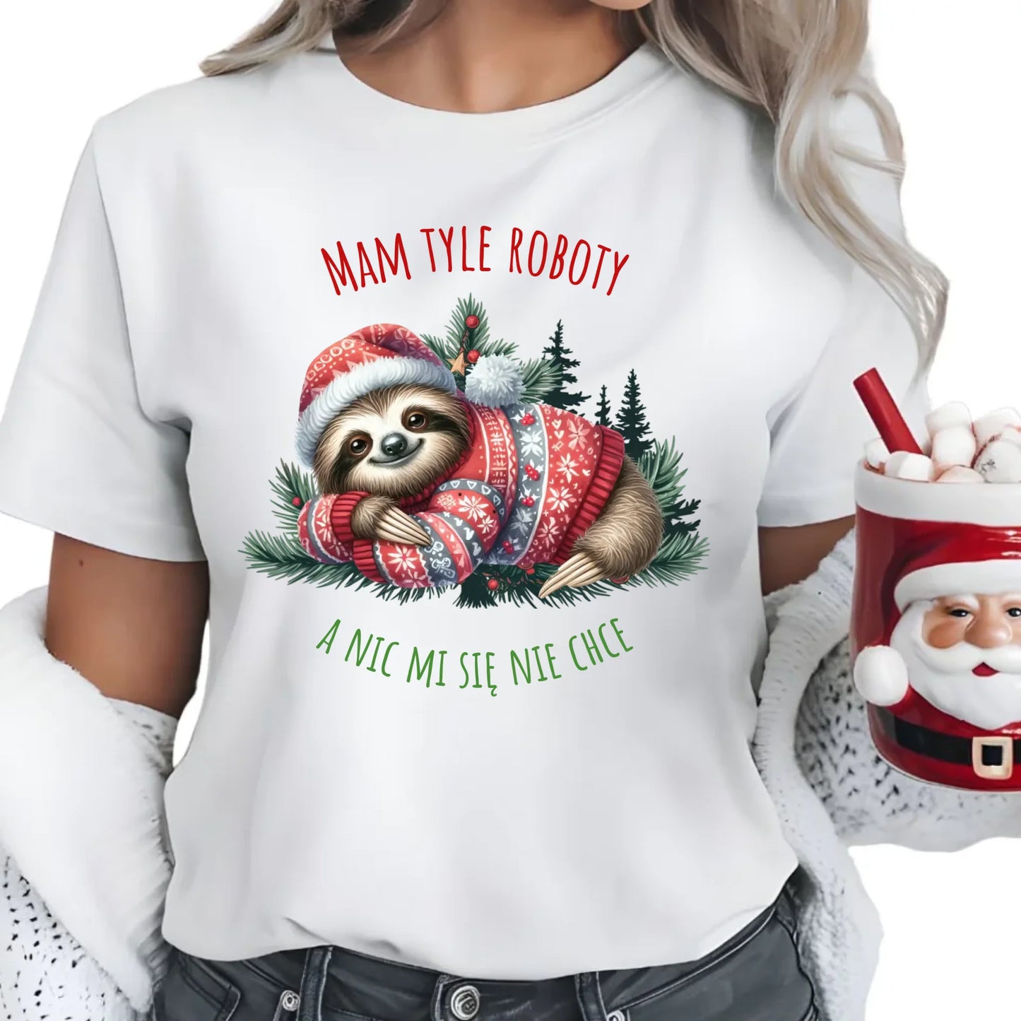 Mam tyle roboty, a nic mi się nie chce | Świąteczna koszulka damska z leniwcem BN18 - StoryCups.pl