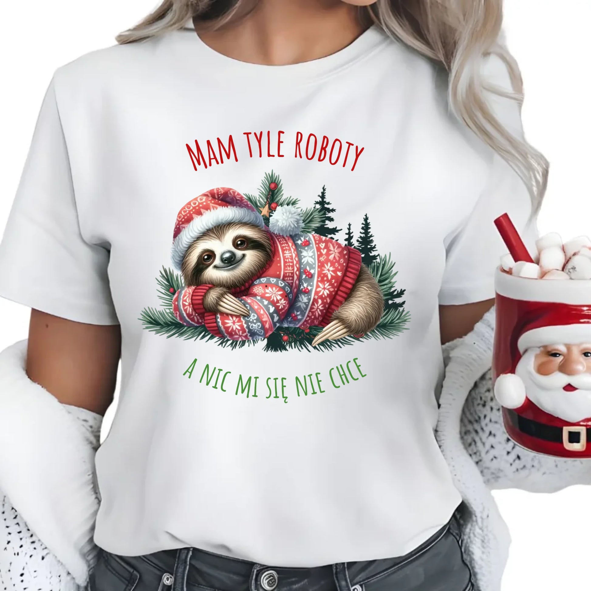 Mam tyle roboty, a nic mi się nie chce | Świąteczna koszulka damska z leniwcem BN18 - StoryCups.pl