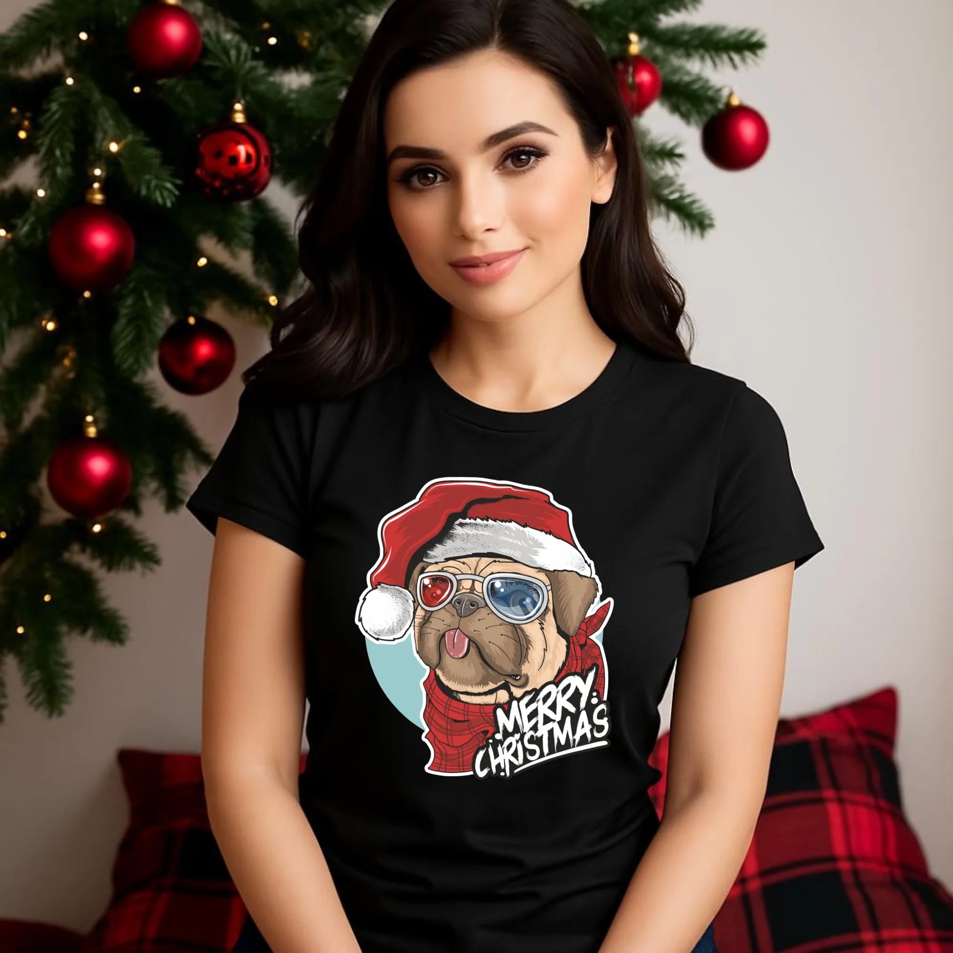 Merry Christmas | Świąteczna koszulka damska z mopsem BN62 - StoryCups.pl