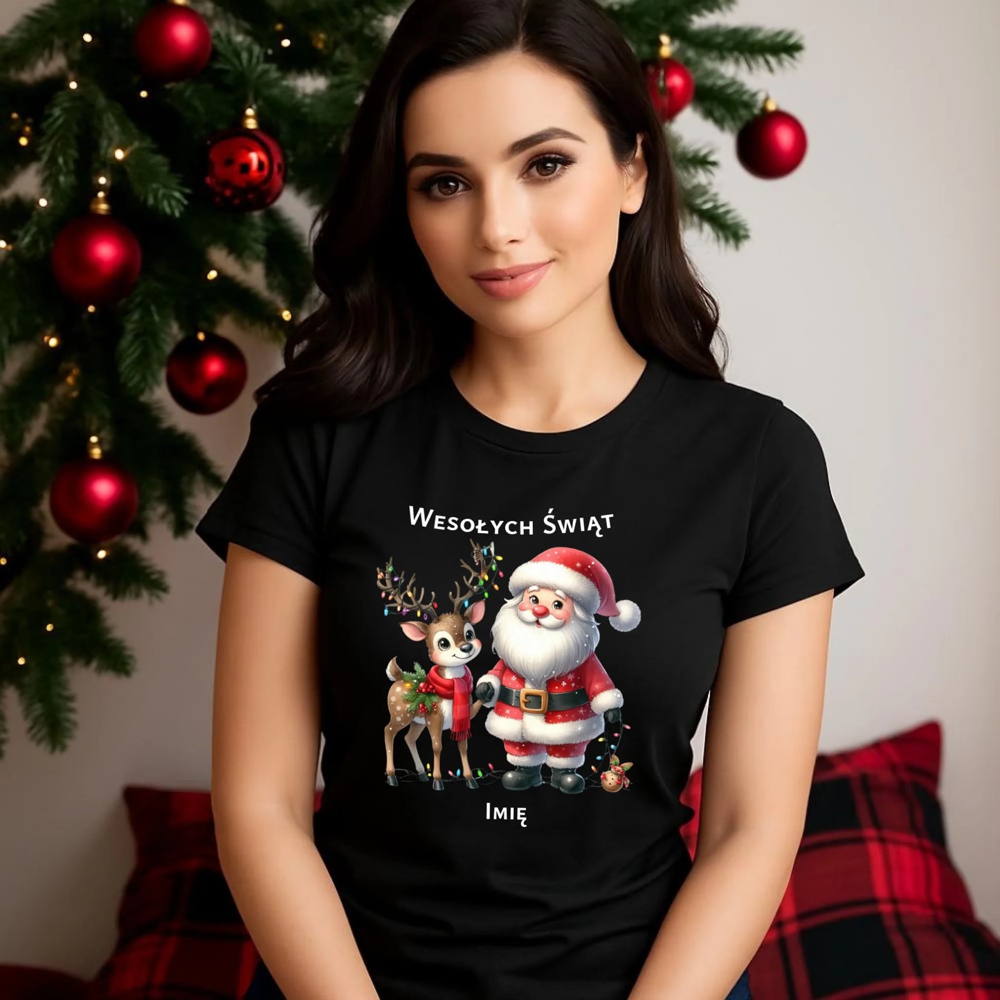 Mikołaj i renifer | Personalizowana świąteczna koszulka damska BN09 - StoryCups.pl