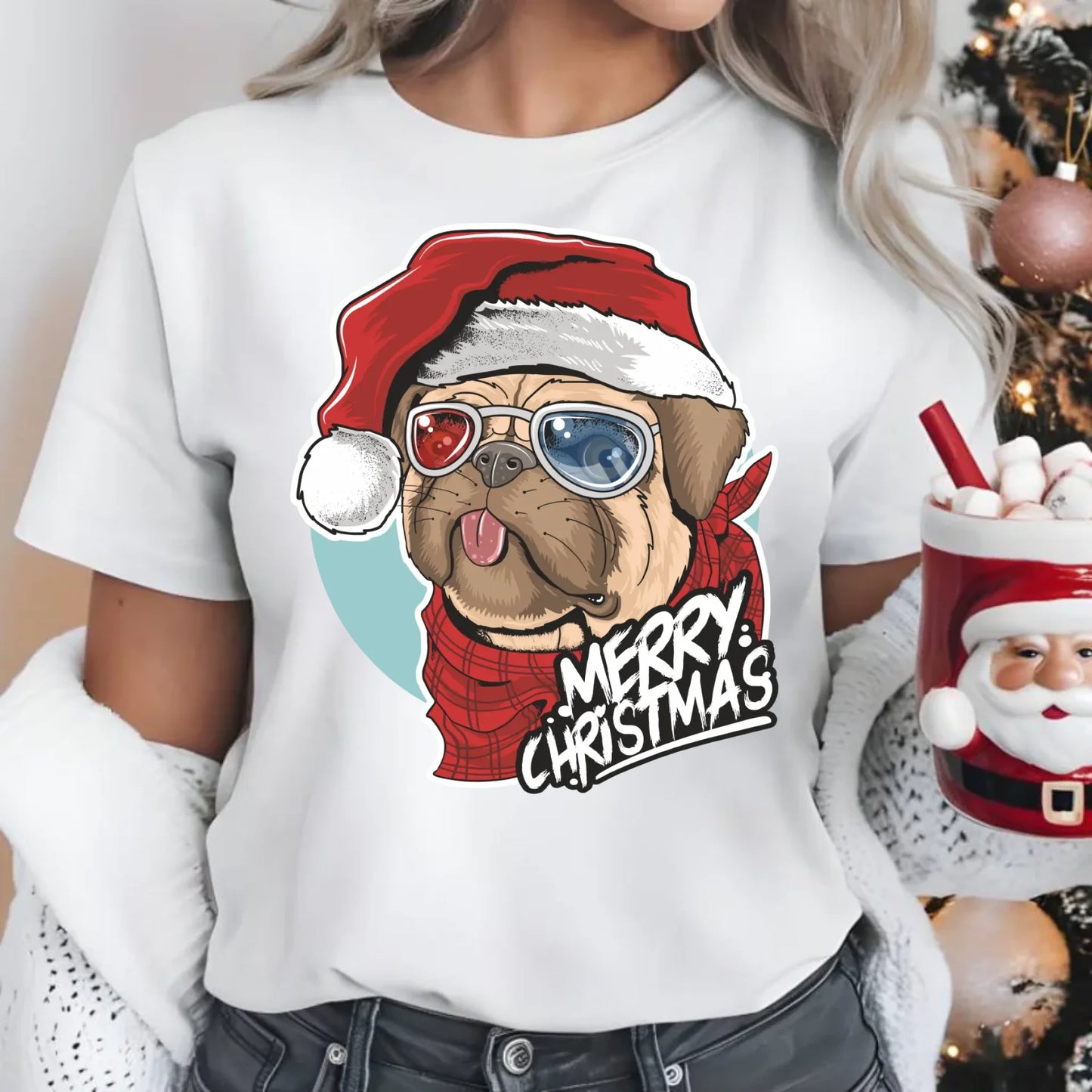 Merry Christmas | Świąteczna koszulka damska z mopsem BN62 - StoryCups.pl