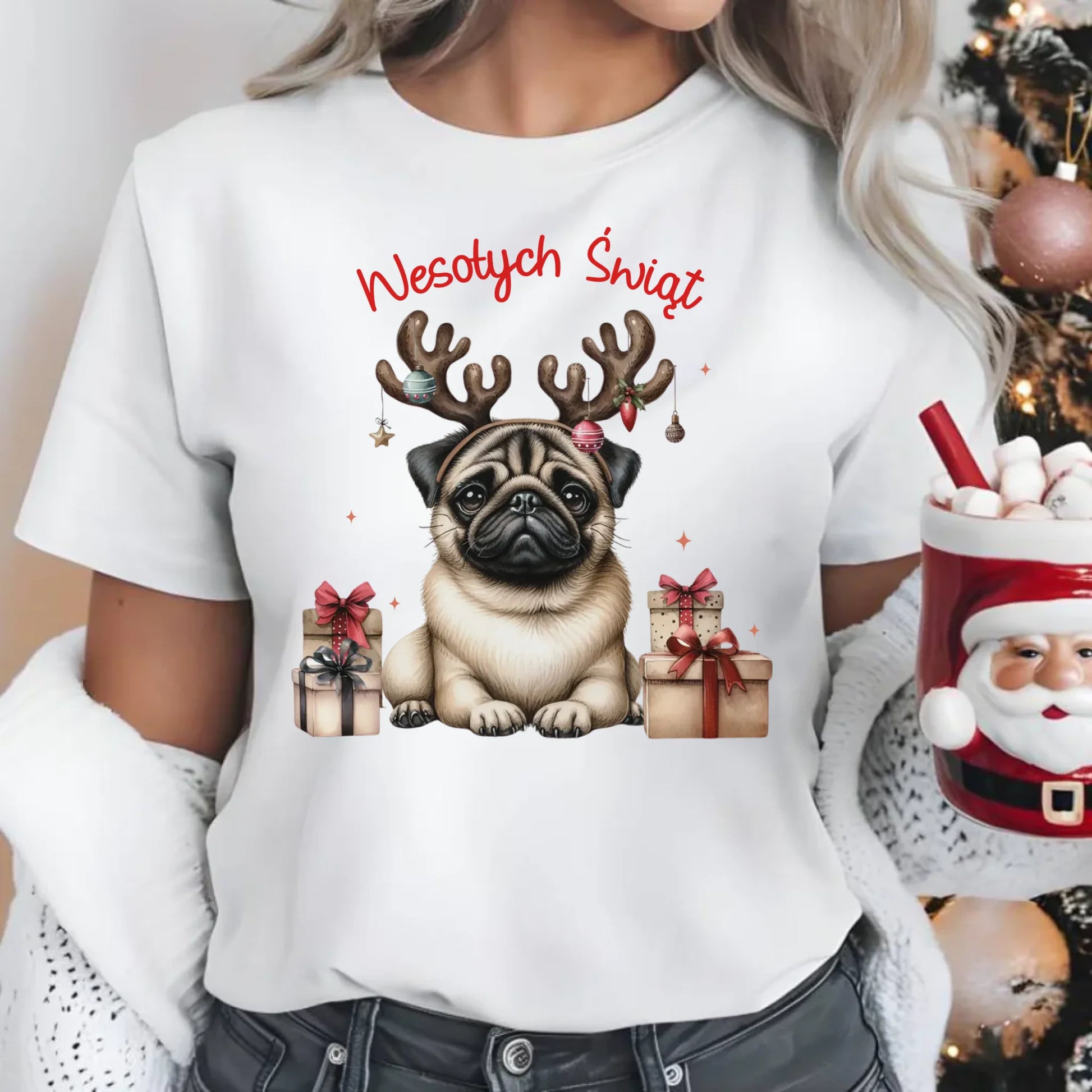 Mops Wesołych Świąt | Świąteczna koszulka damska BN91 - StoryCups.pl