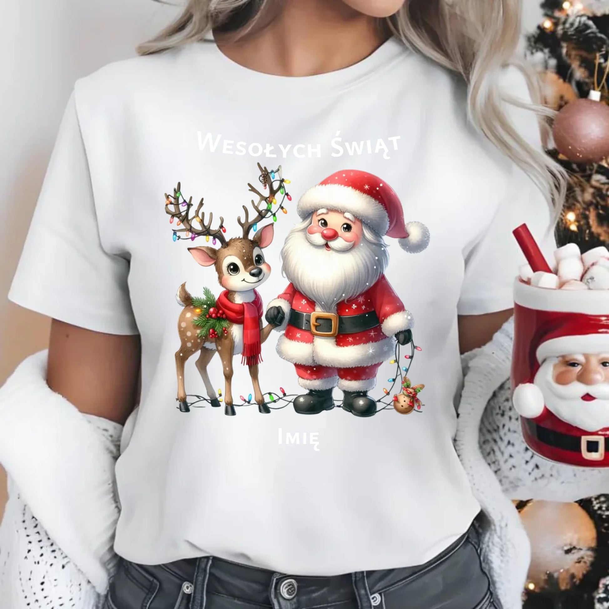 Mikołaj i renifer | Personalizowana świąteczna koszulka damska BN09 - StoryCups.pl
