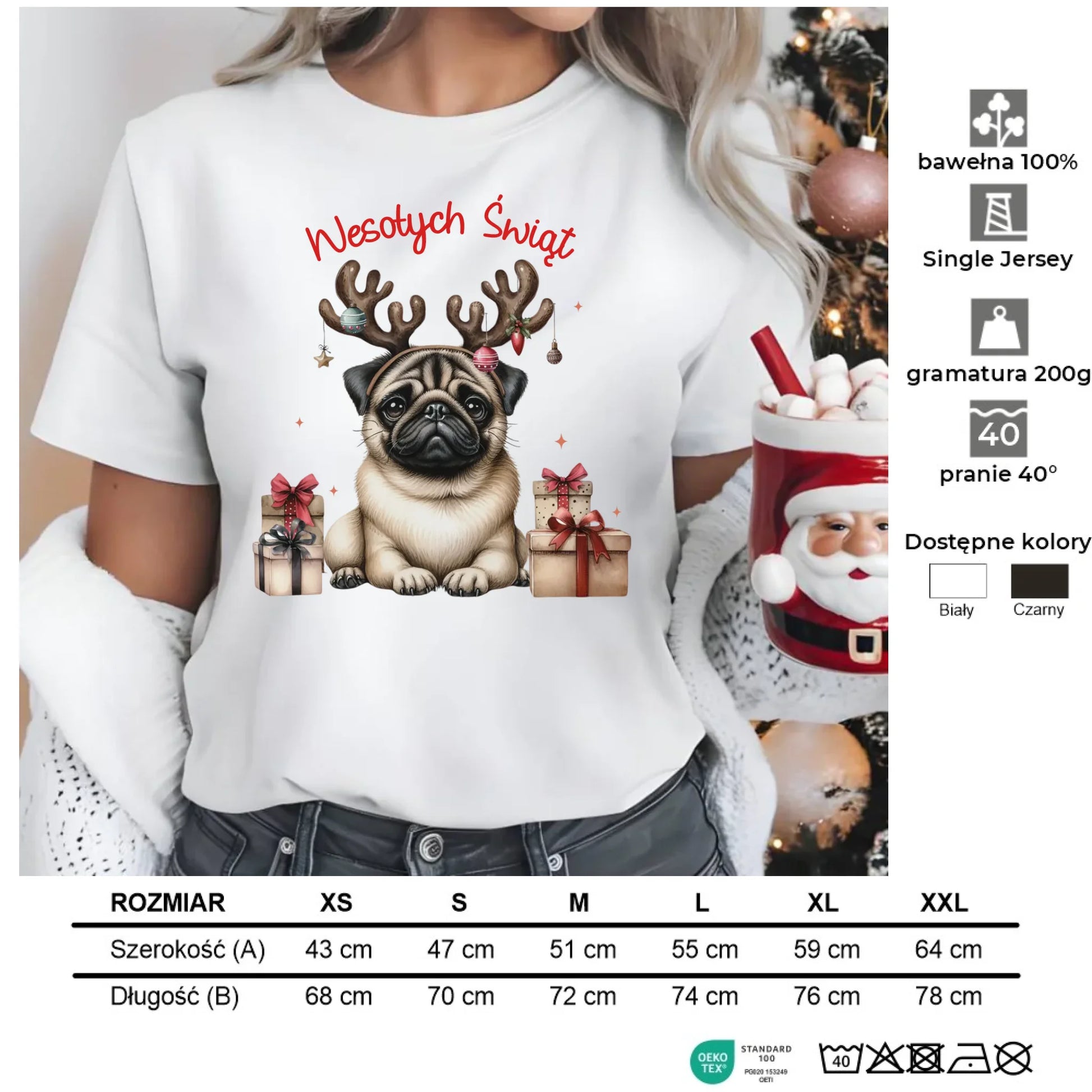 Mops Wesołych Świąt | Świąteczna koszulka damska BN91 - StoryCups.pl