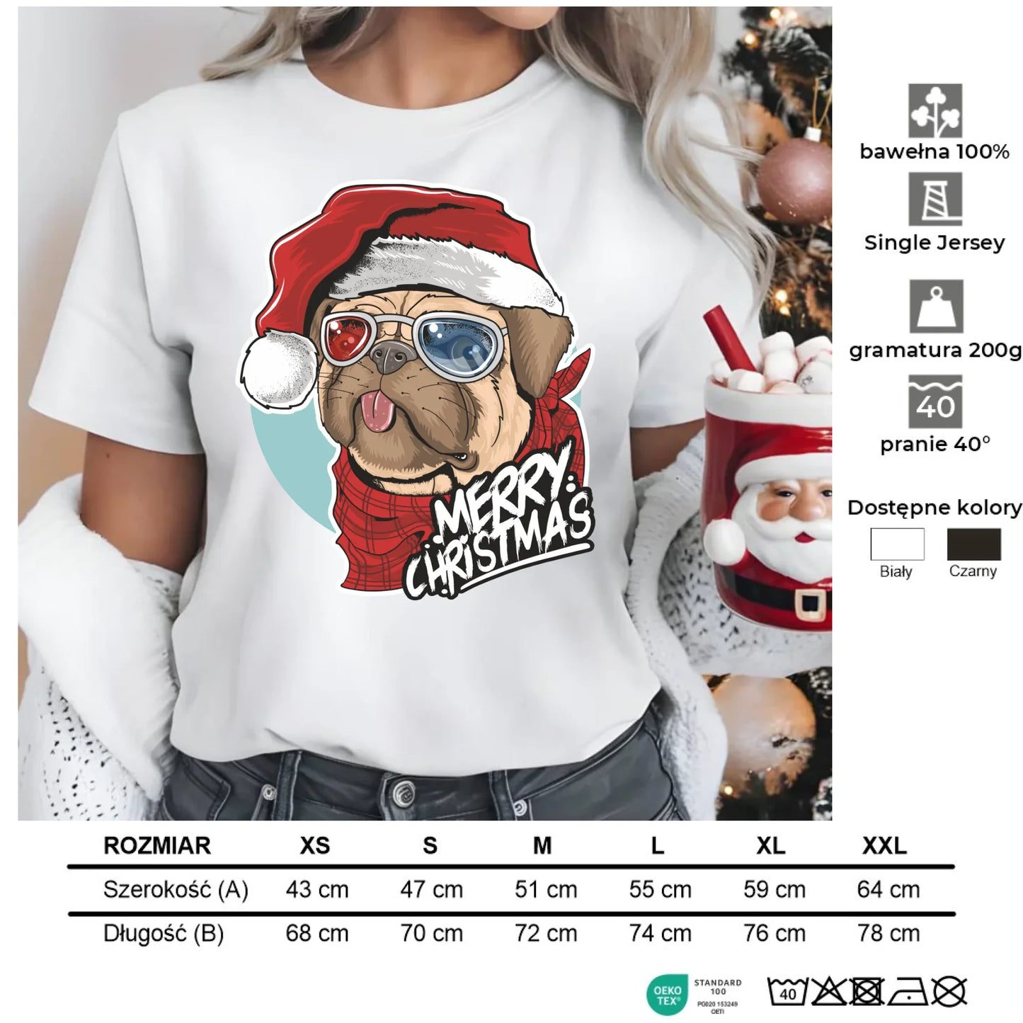 Merry Christmas | Świąteczna koszulka damska z mopsem BN62 - StoryCups.pl