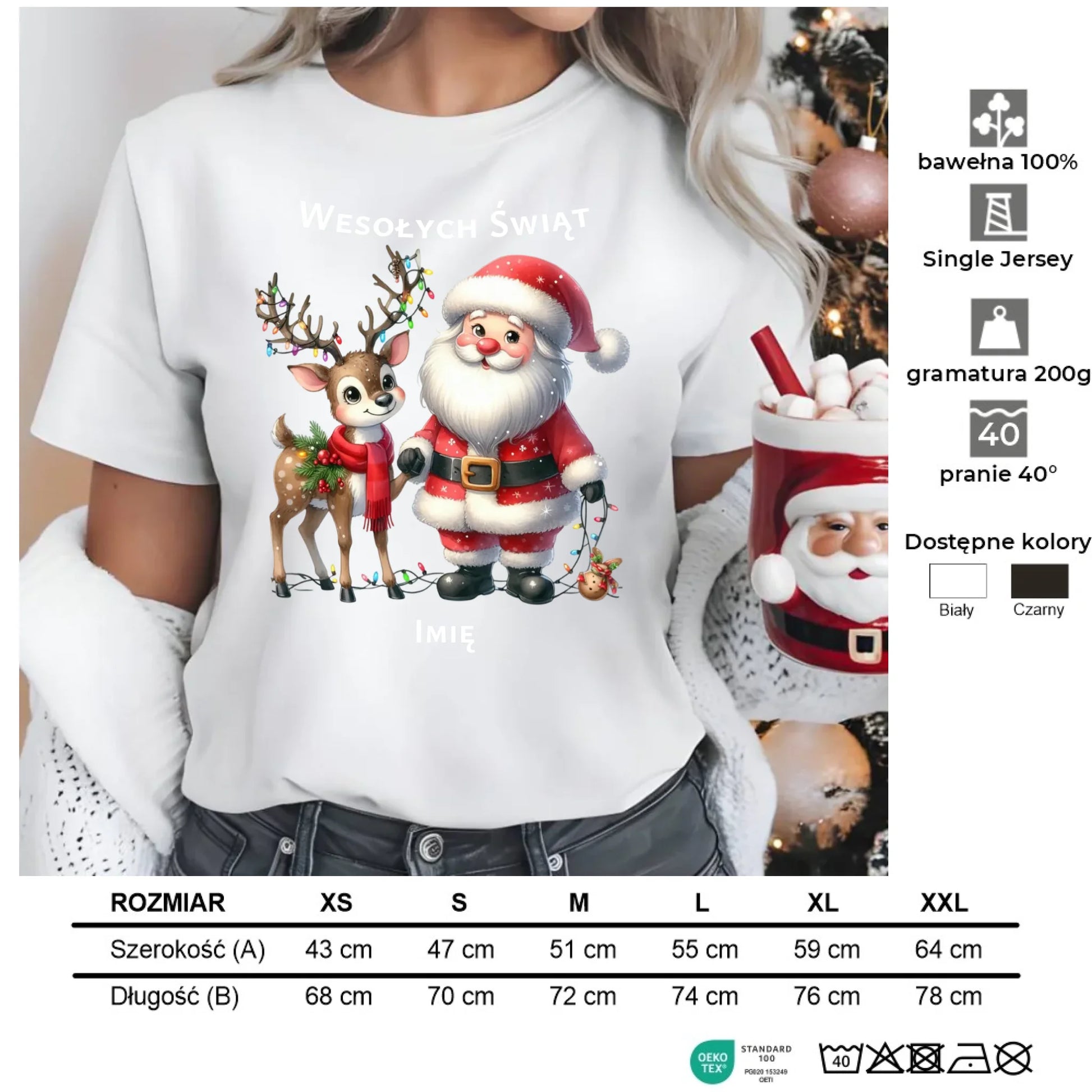 Mikołaj i renifer | Personalizowana świąteczna koszulka damska BN09 - StoryCups.pl