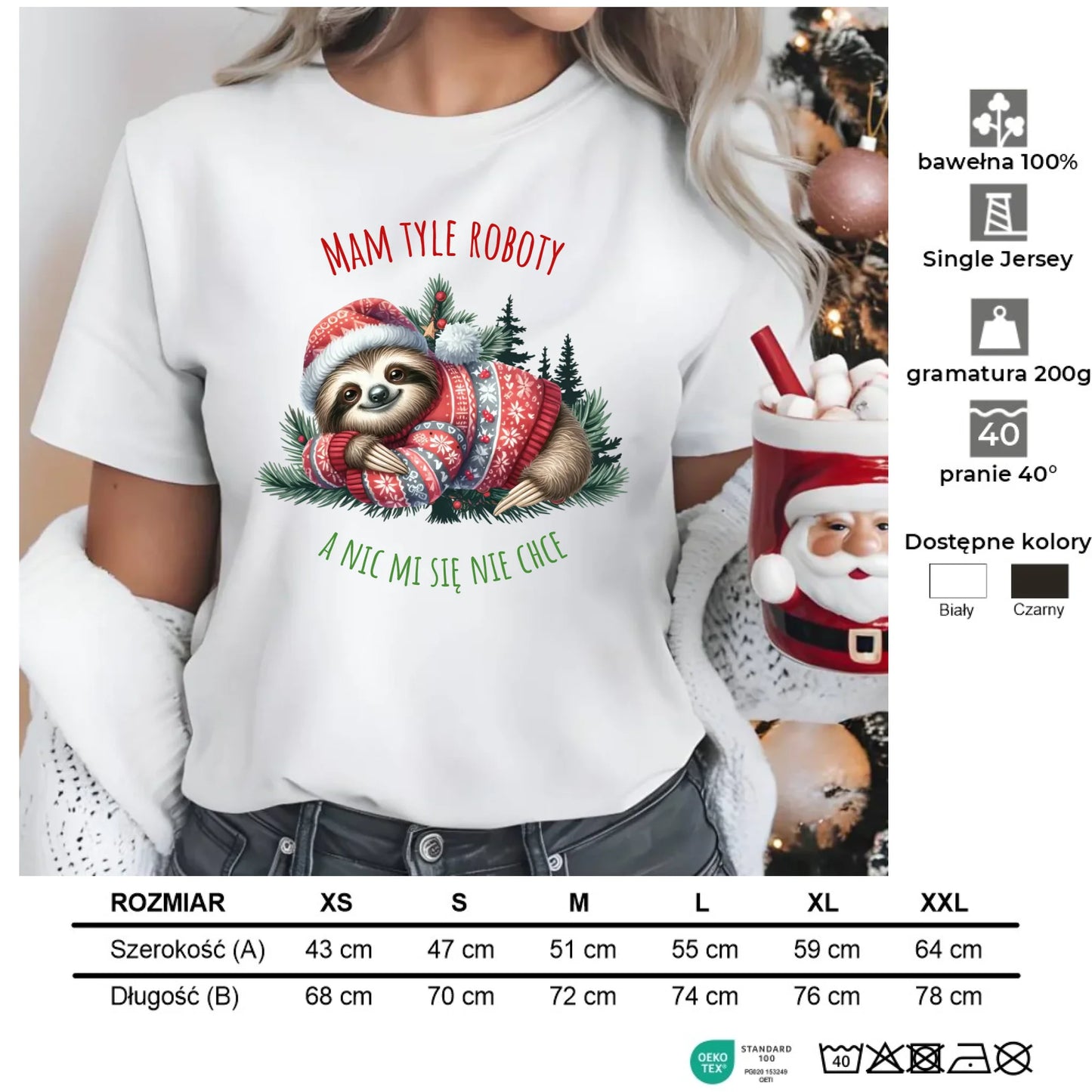 Mam tyle roboty, a nic mi się nie chce | Świąteczna koszulka damska z leniwcem BN18 - StoryCups.pl