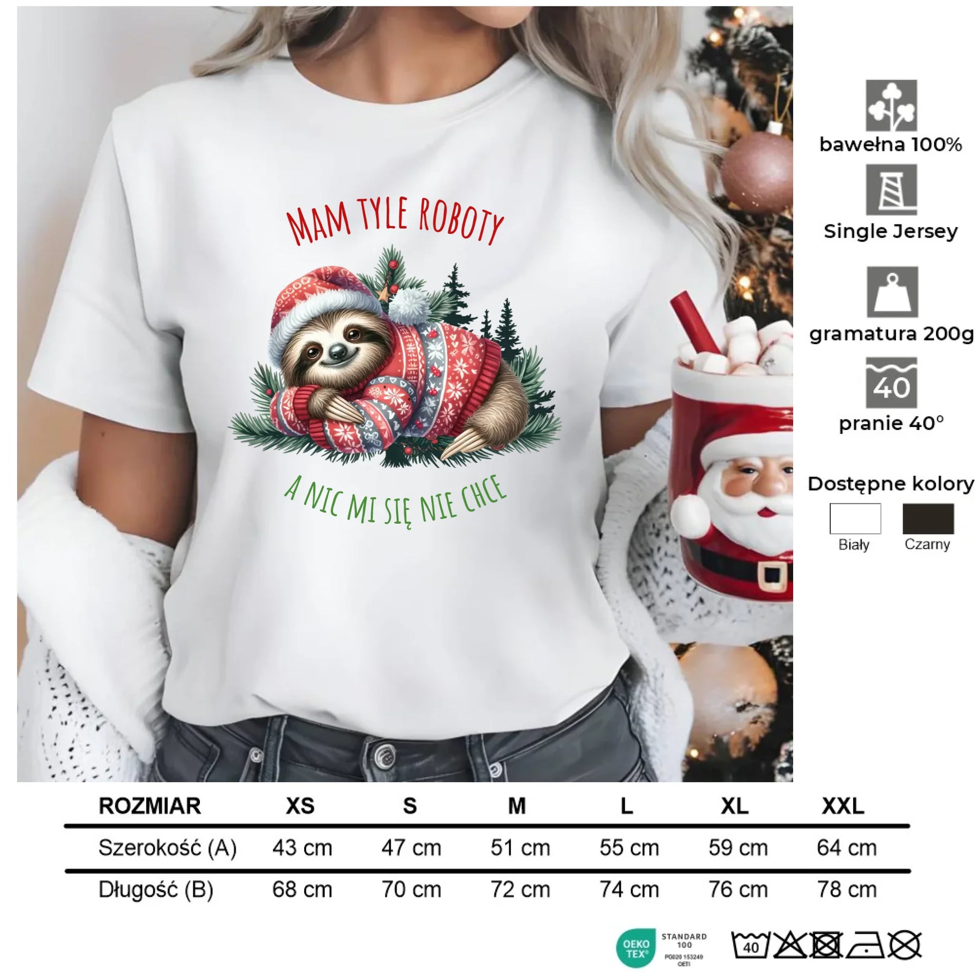 Mam tyle roboty, a nic mi się nie chce | Świąteczna koszulka damska z leniwcem BN18 - StoryCups.pl