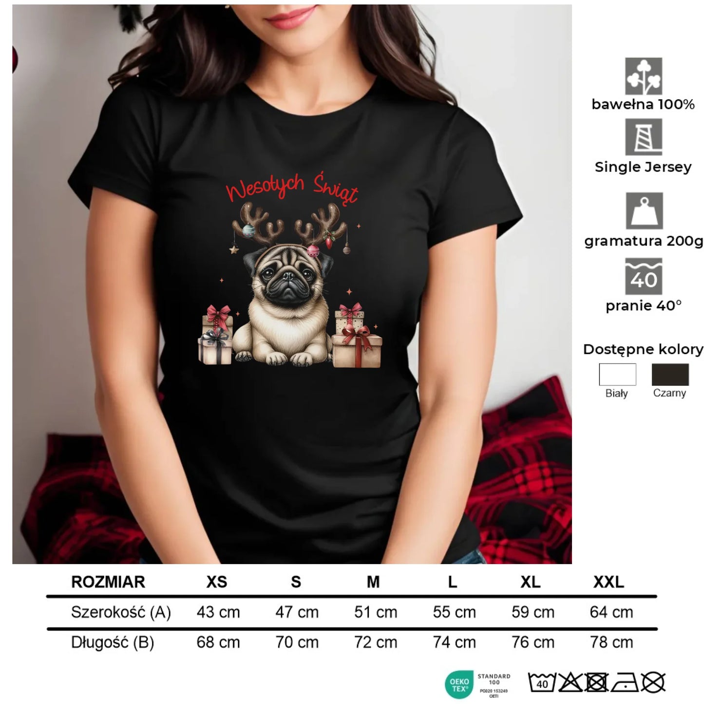 Mops Wesołych Świąt | Świąteczna koszulka damska BN91 - StoryCups.pl