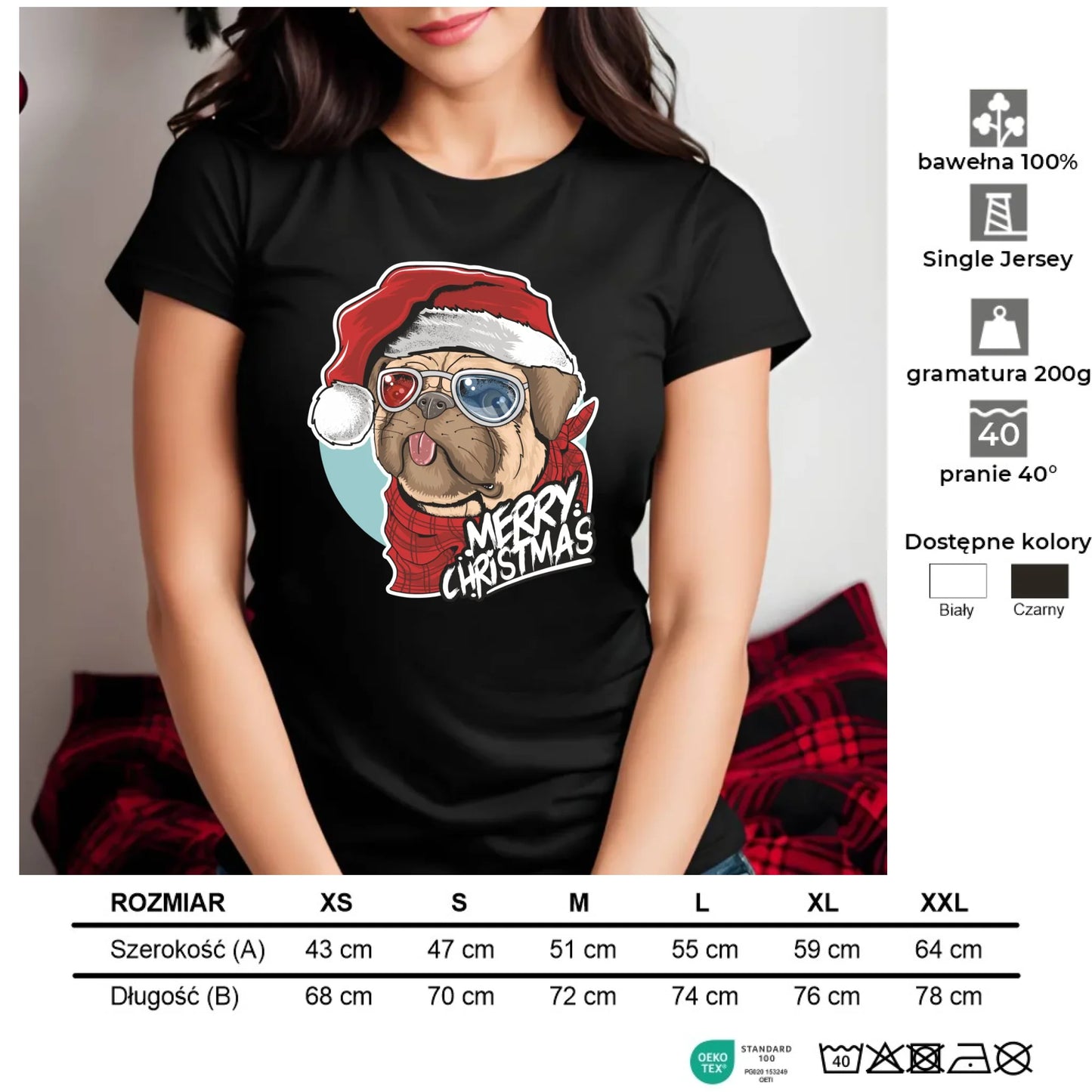 Merry Christmas | Świąteczna koszulka damska z mopsem BN62 - StoryCups.pl