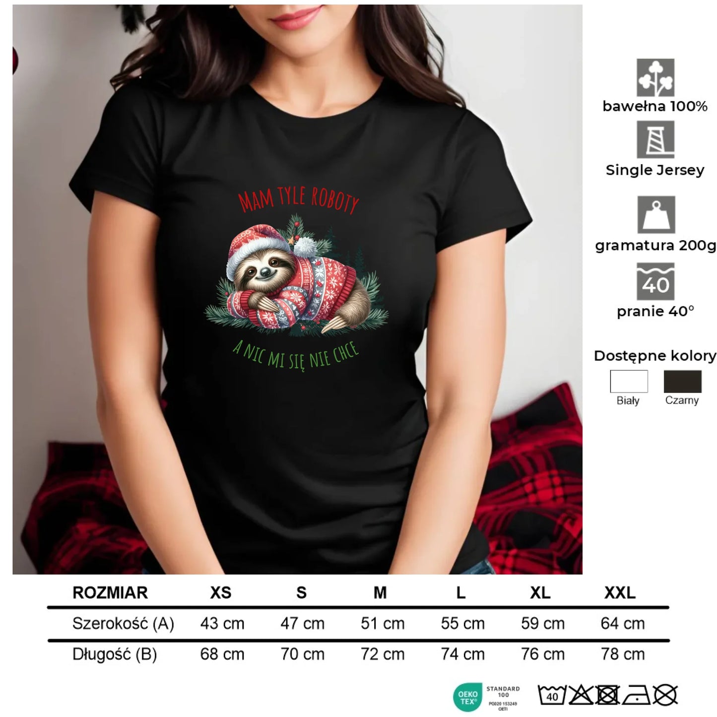 Mam tyle roboty, a nic mi się nie chce | Świąteczna koszulka damska z leniwcem BN18 - StoryCups.pl