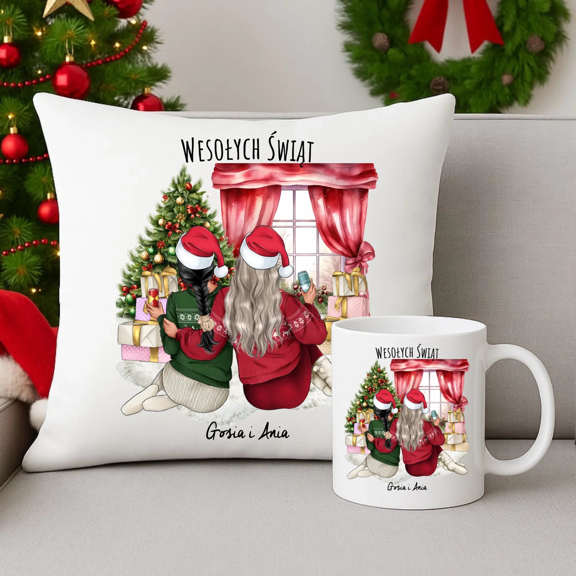 Zestaw poduszka i kubek świąteczny - prezent dla przyjaciółki - 2-4 przyjaciółek - personalizowany PR06 - StoryCups.pl