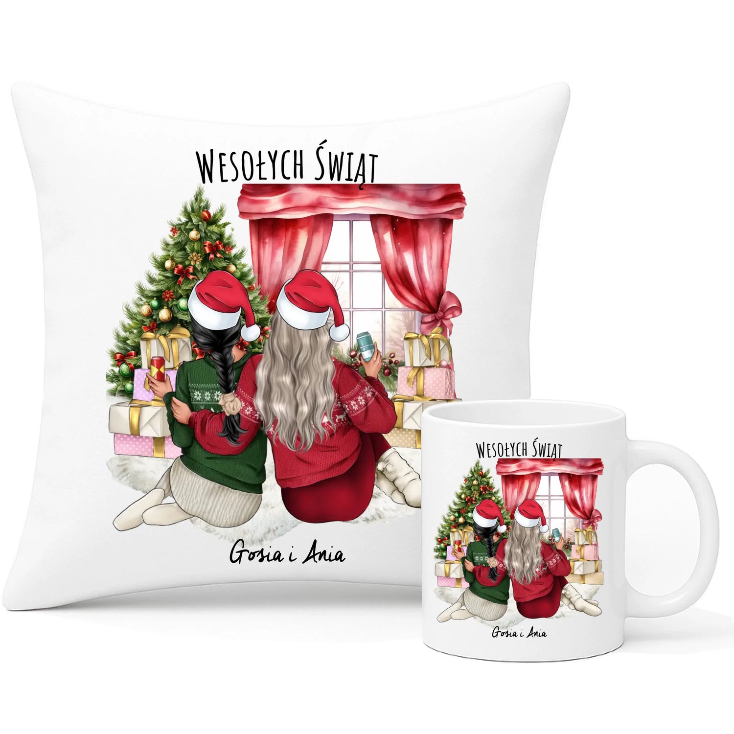 Zestaw poduszka i kubek świąteczny - prezent dla przyjaciółki - 2-4 przyjaciółek - personalizowany PR06 - StoryCups.pl