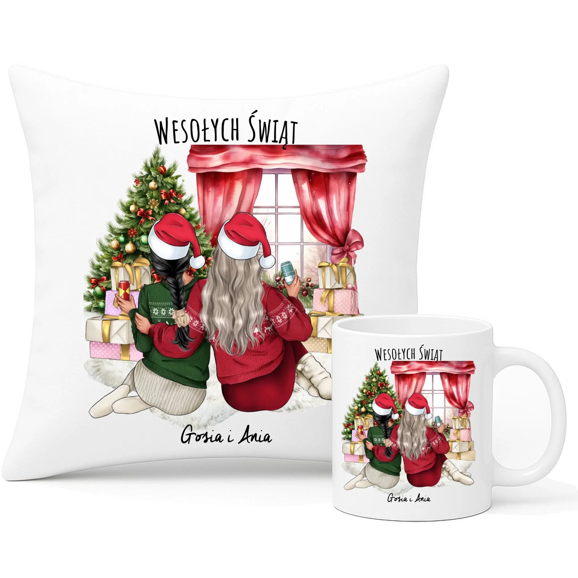 Zestaw poduszka i kubek świąteczny - prezent dla przyjaciółki - 2-4 przyjaciółek - personalizowany PR06 - StoryCups.pl
