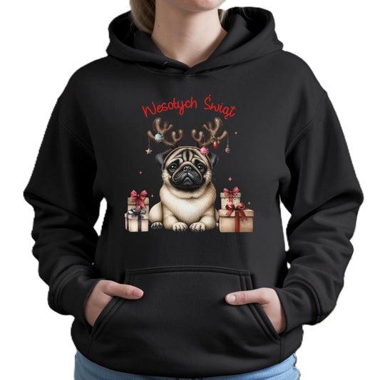 Mops Wesołych Świąt | Świąteczna bluza damska z kapturem BN91 - StoryCups.pl