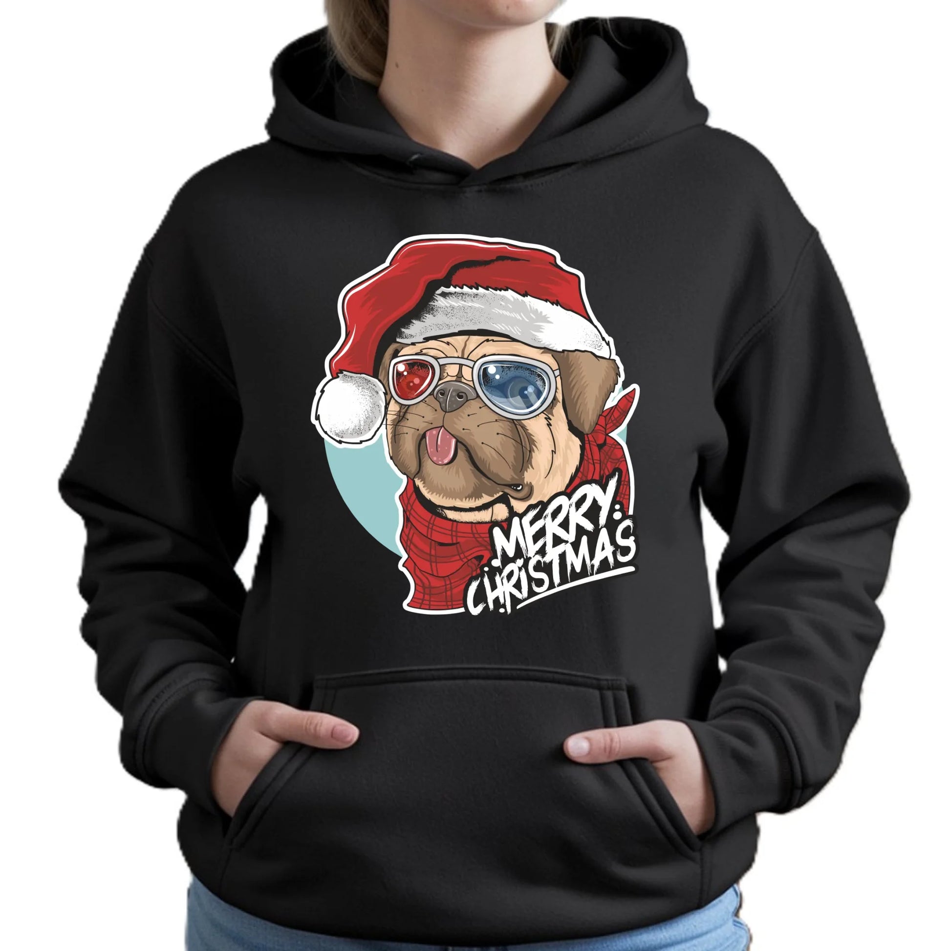 Merry Christmas | Świąteczna bluza damska z kapturem i mopsem BN62 - StoryCups.pl