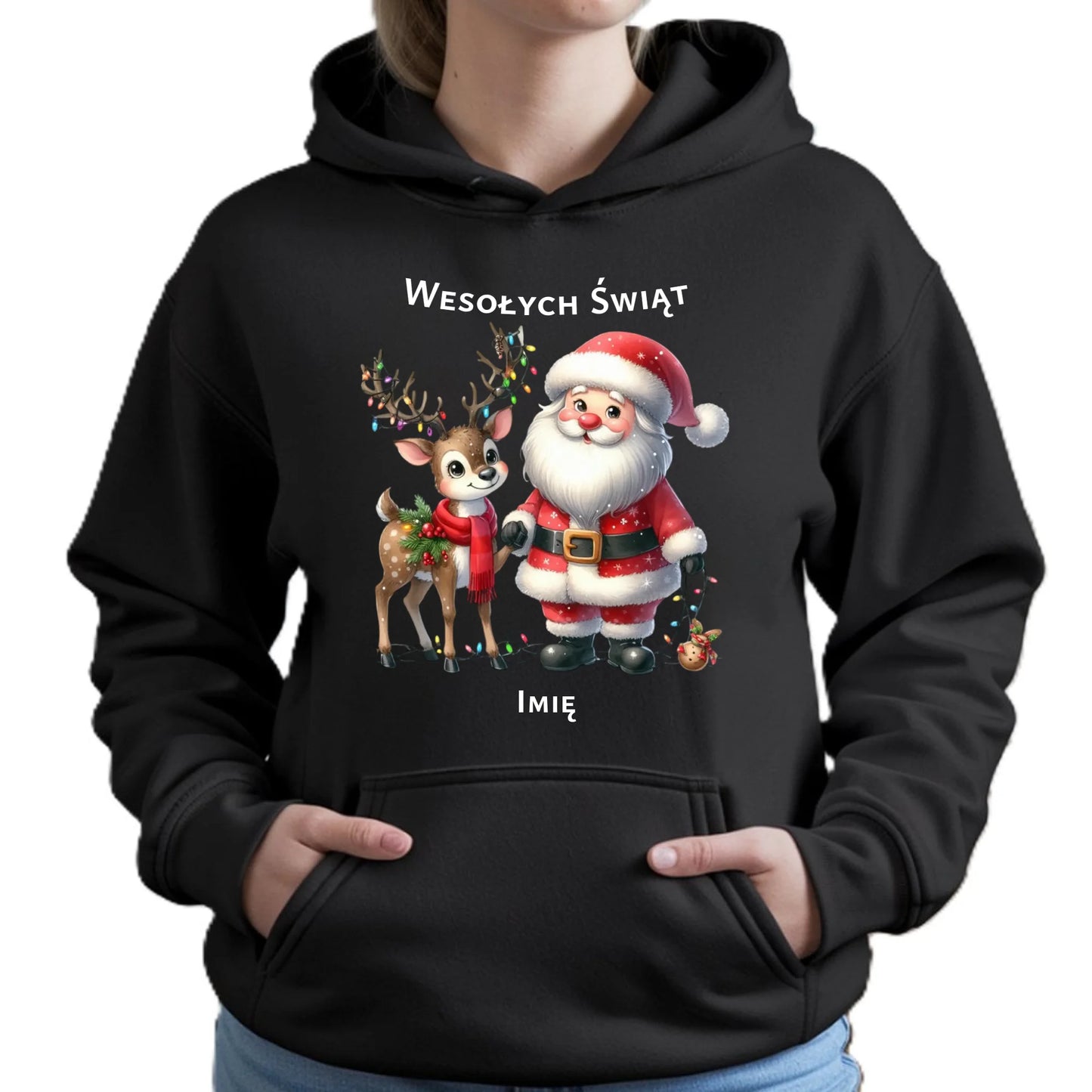 Mikołaj i renifer | Personalizowana świąteczna bluza damska z kapturem BN09 - StoryCups.pl